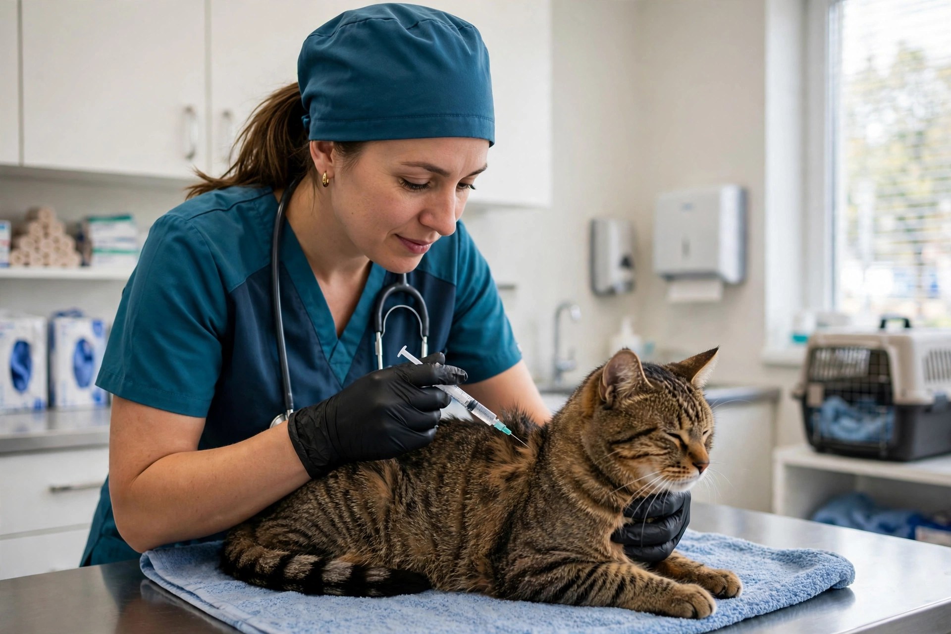 Veterinary nurse giving a vaccination to a calm tabby cat on an exam table