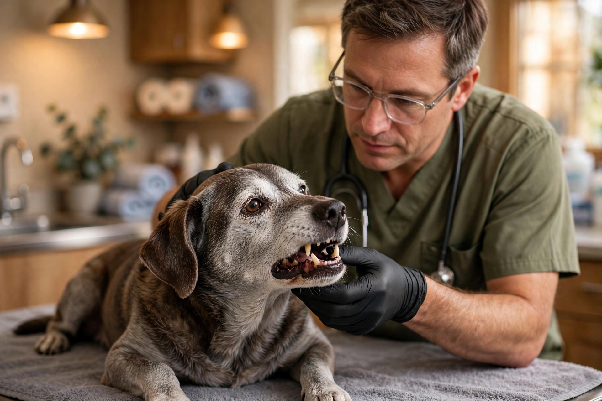Veterinarian performing a gentle dental check on a senior dog with a gray muzzle