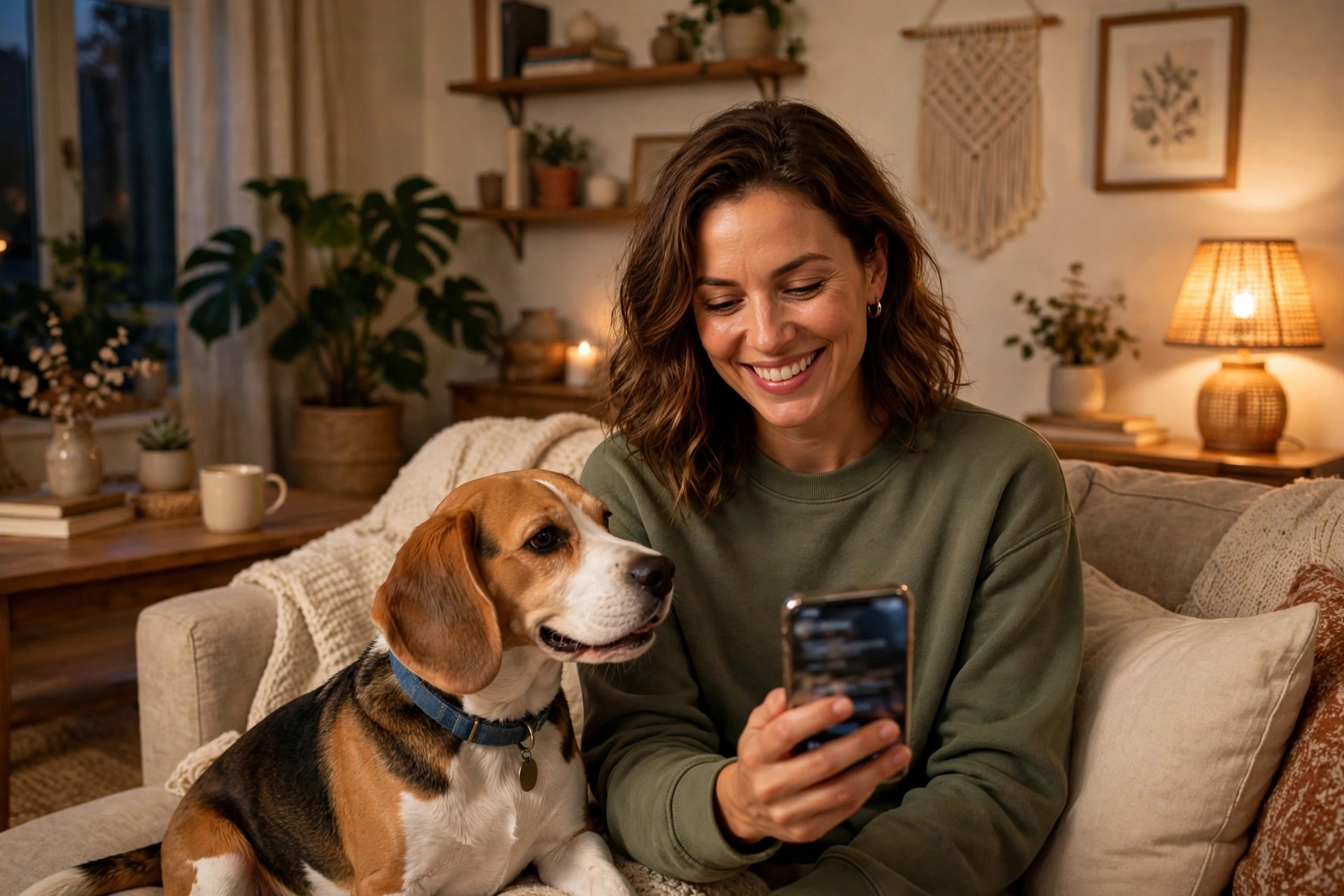 Pet owner reading a veterinary reminder email on a smartphone while sitting with a beagle