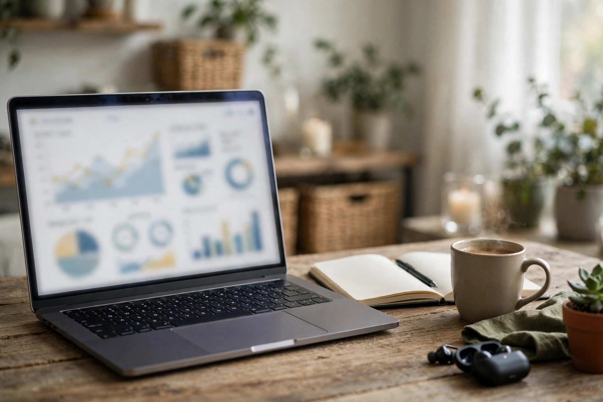 Laptop showing an online advertising dashboard with charts beside a notebook and coffee