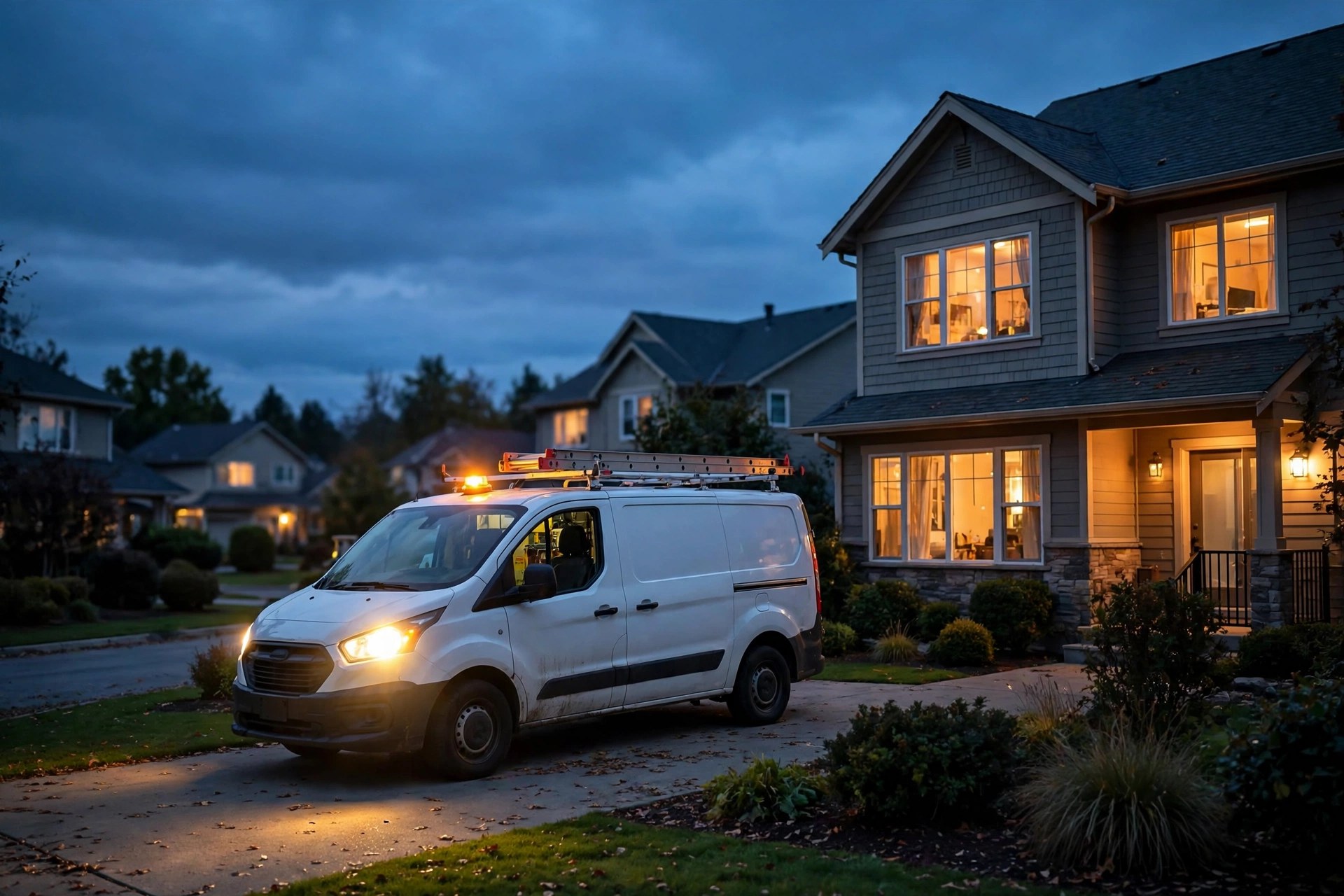 Electrician service van with headlights on parked outside a suburban house at dusk
