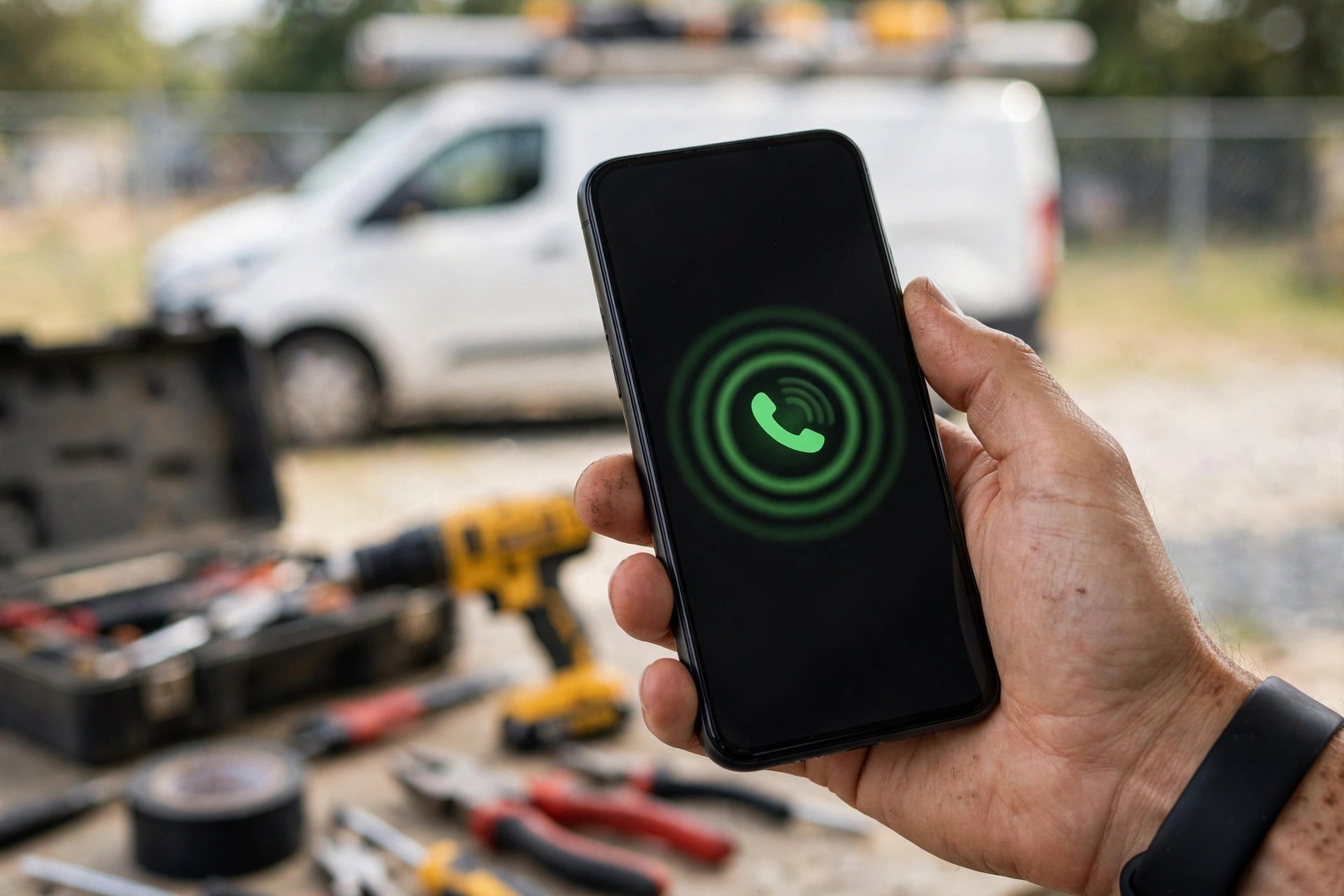 Close-up of a hand holding a ringing smartphone with electrical tools blurred in the background