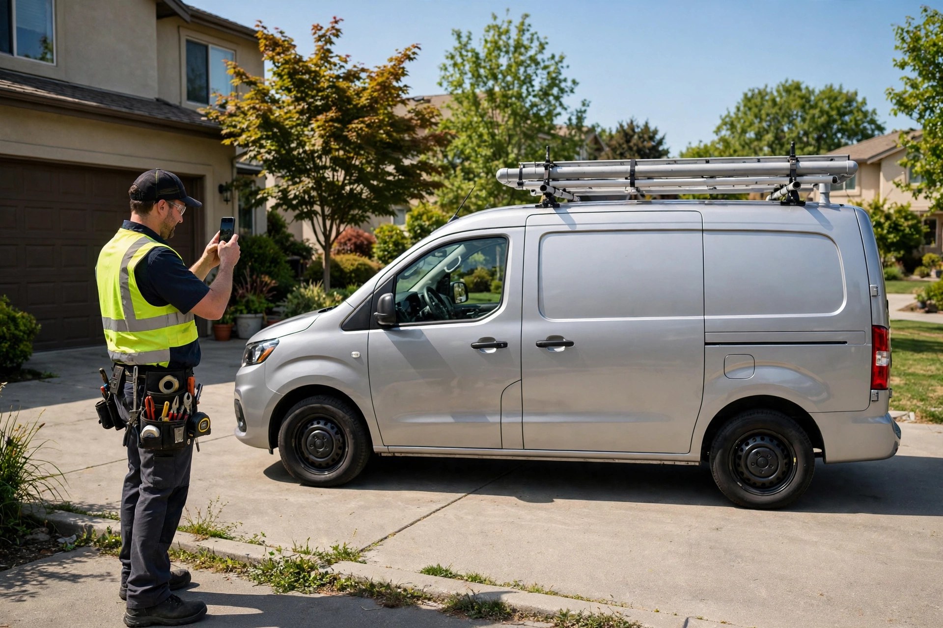 Electrician photographing his branded service van in a driveway for his business profile