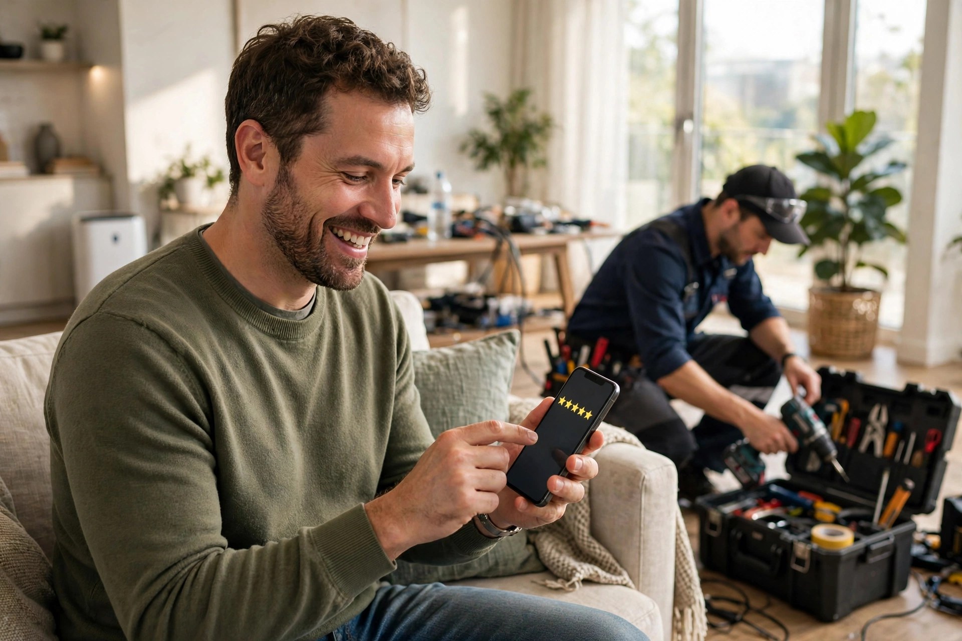 Happy homeowner leaving a five-star review on a smartphone after an electrical job