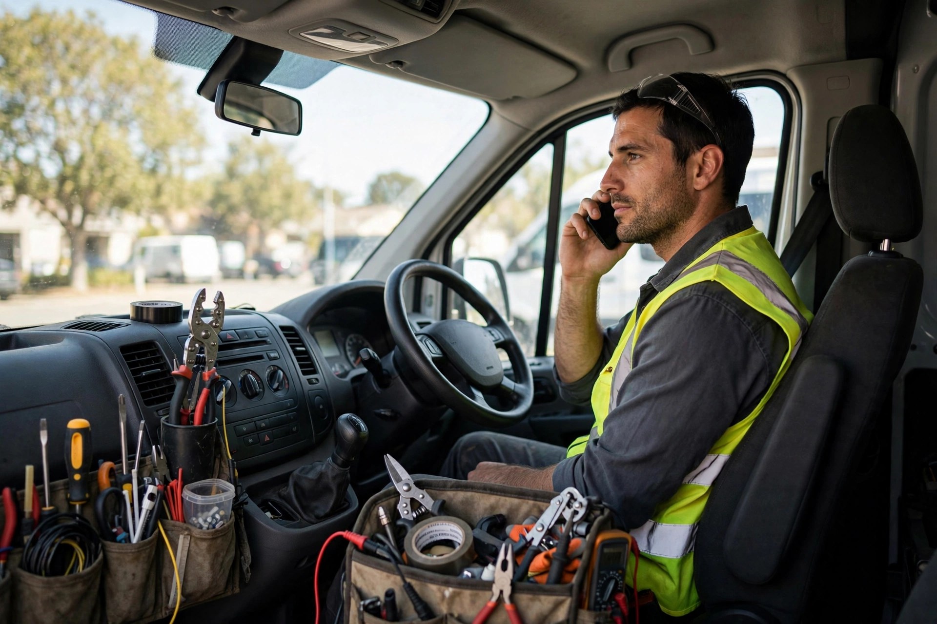 Electrician answering a customer call from the driver seat of his work van