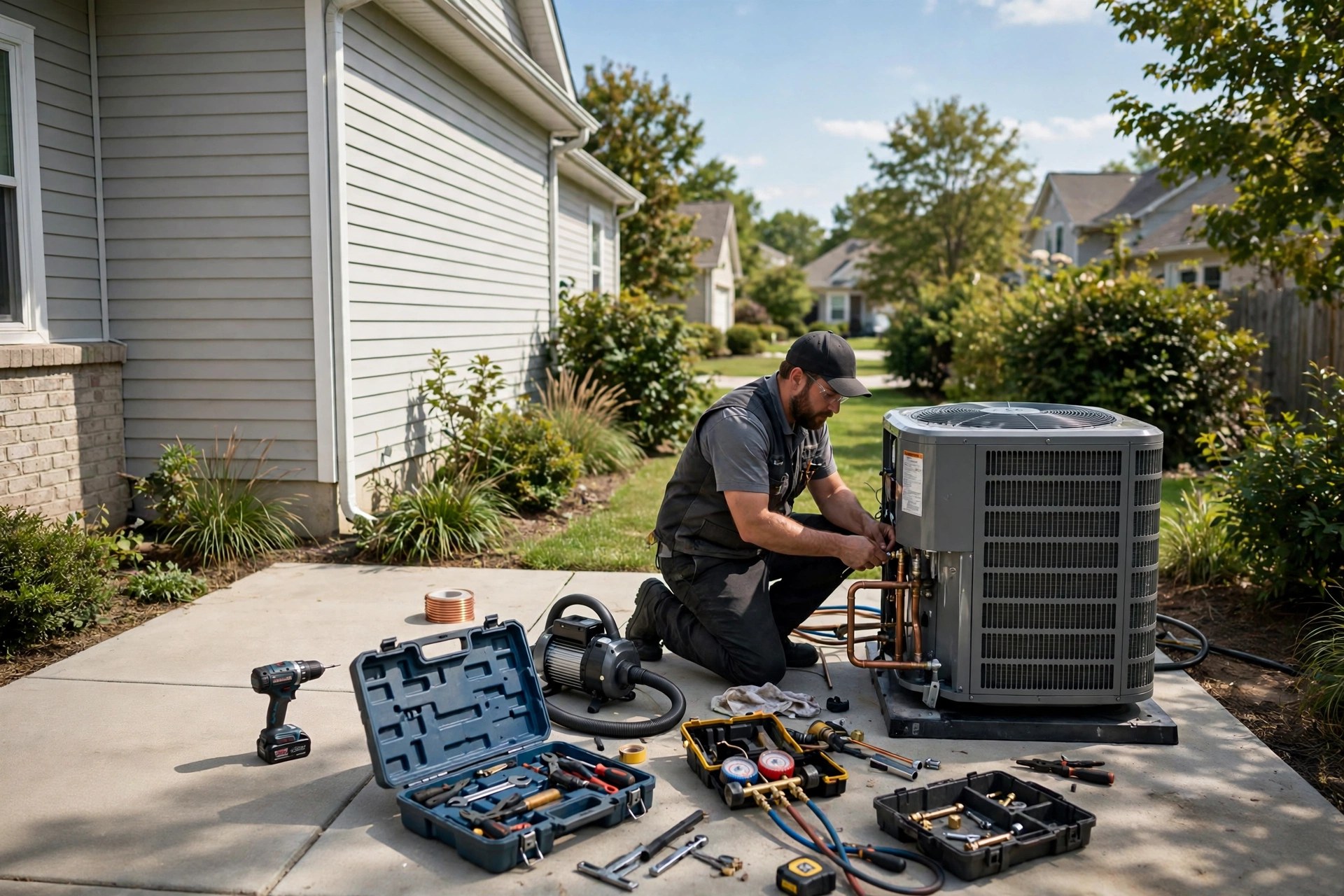 HVAC technician installing a new outdoor air conditioner condenser beside a suburban home