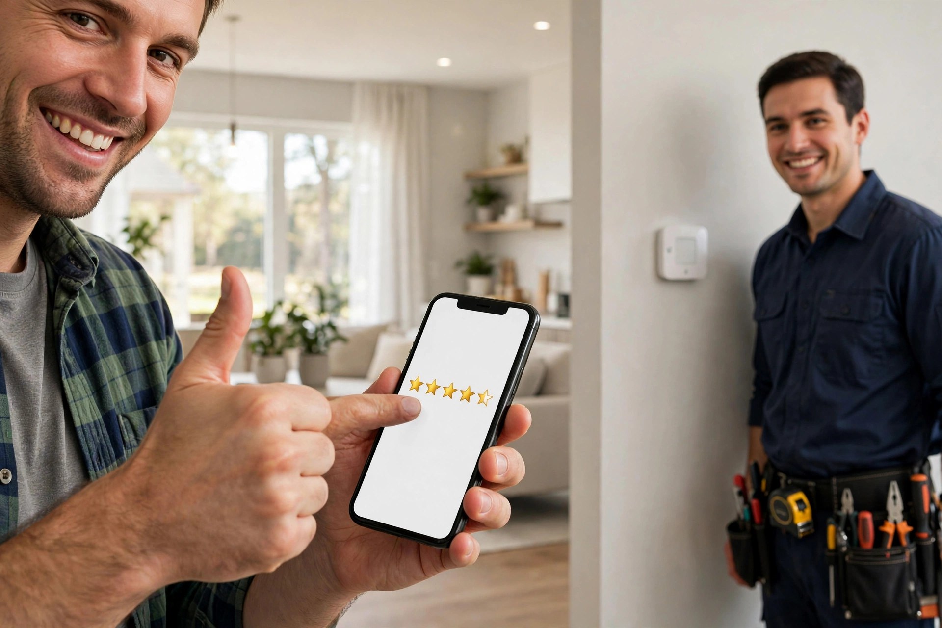 Homeowner giving a thumbs up while rating an HVAC technician five stars on a smartphone