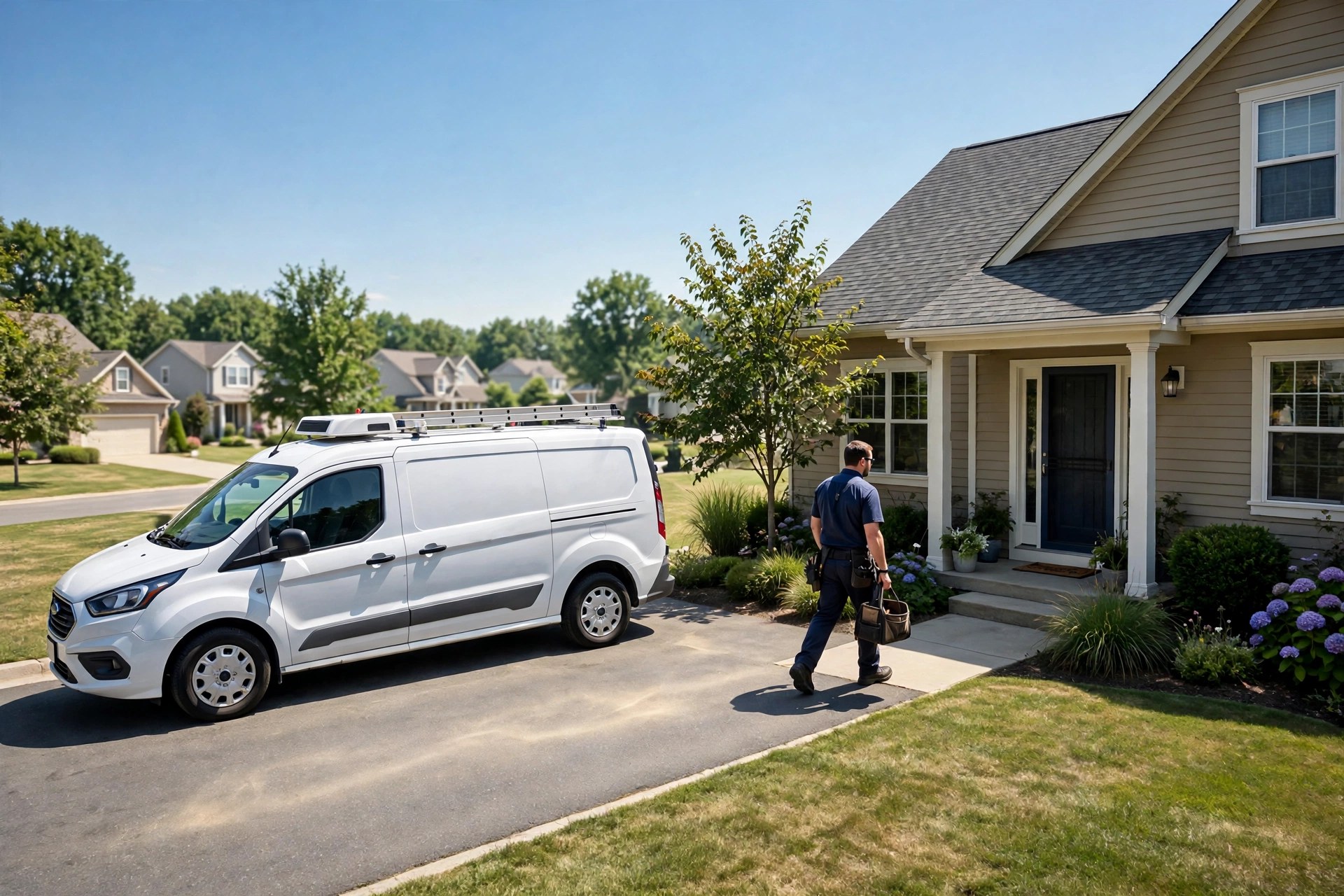 HVAC service van parked in front of a suburban home on a hot summer day