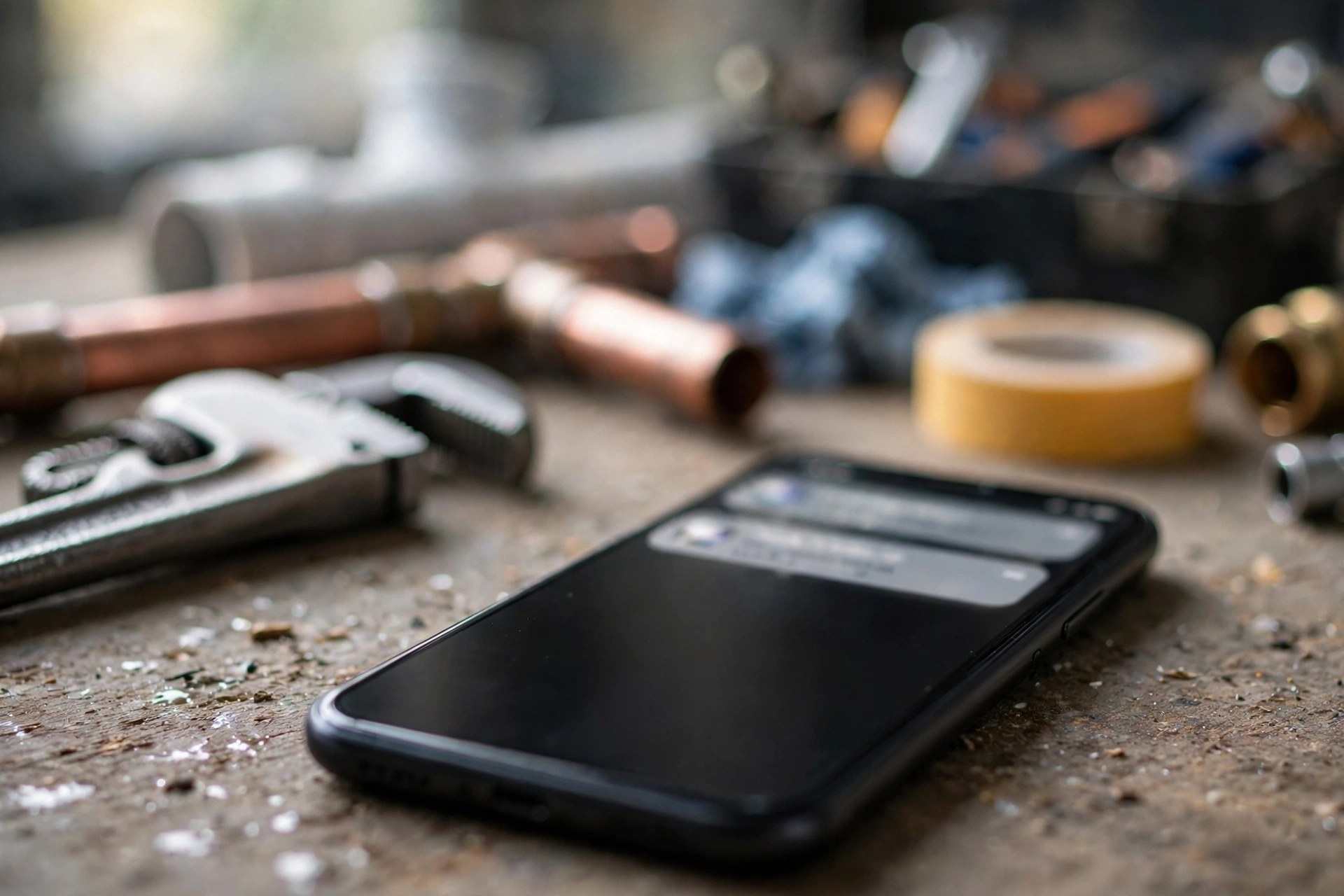 Lead Follow-Up Automation for Plumbers: Stop Losing Quotes to Slow Responses Smartphone showing an incoming text message with plumbing tools blurred in the background