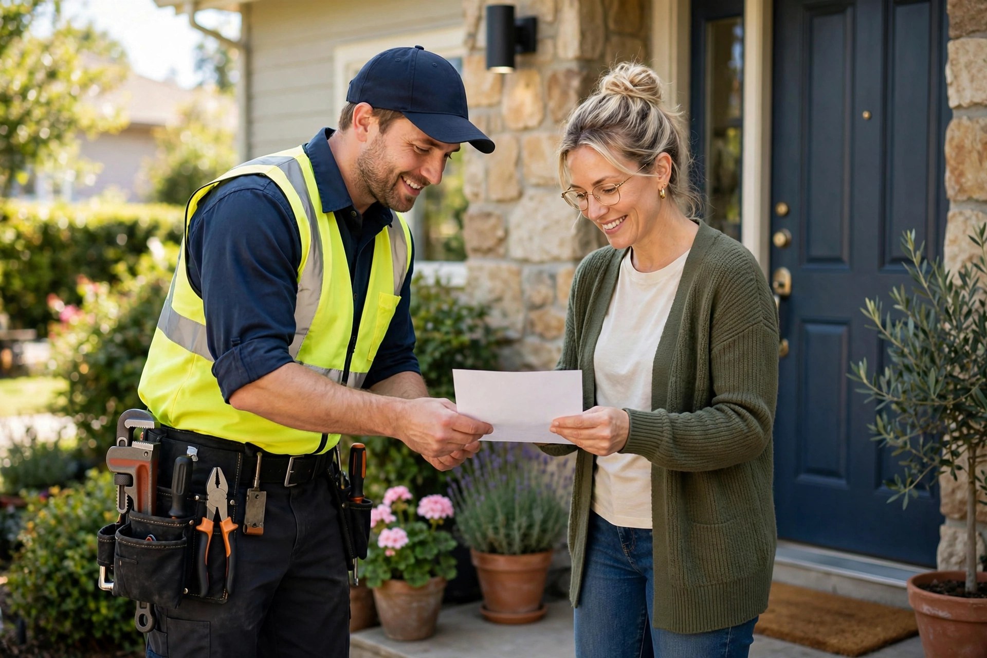 Lead Follow-Up Automation for Plumbers: Stop Losing Quotes to Slow Responses Plumber handing a printed quote to a homeowner at their front door