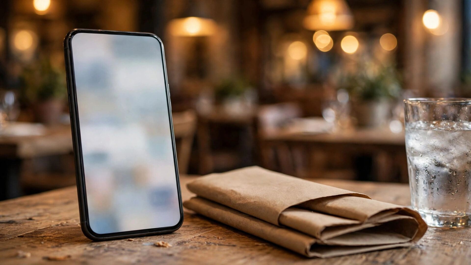 AI Booking Chatbot for Restaurants: Fill Tables, Cut No-Shows, Answer Every Call Smartphone on a restaurant table showing a reservation interface