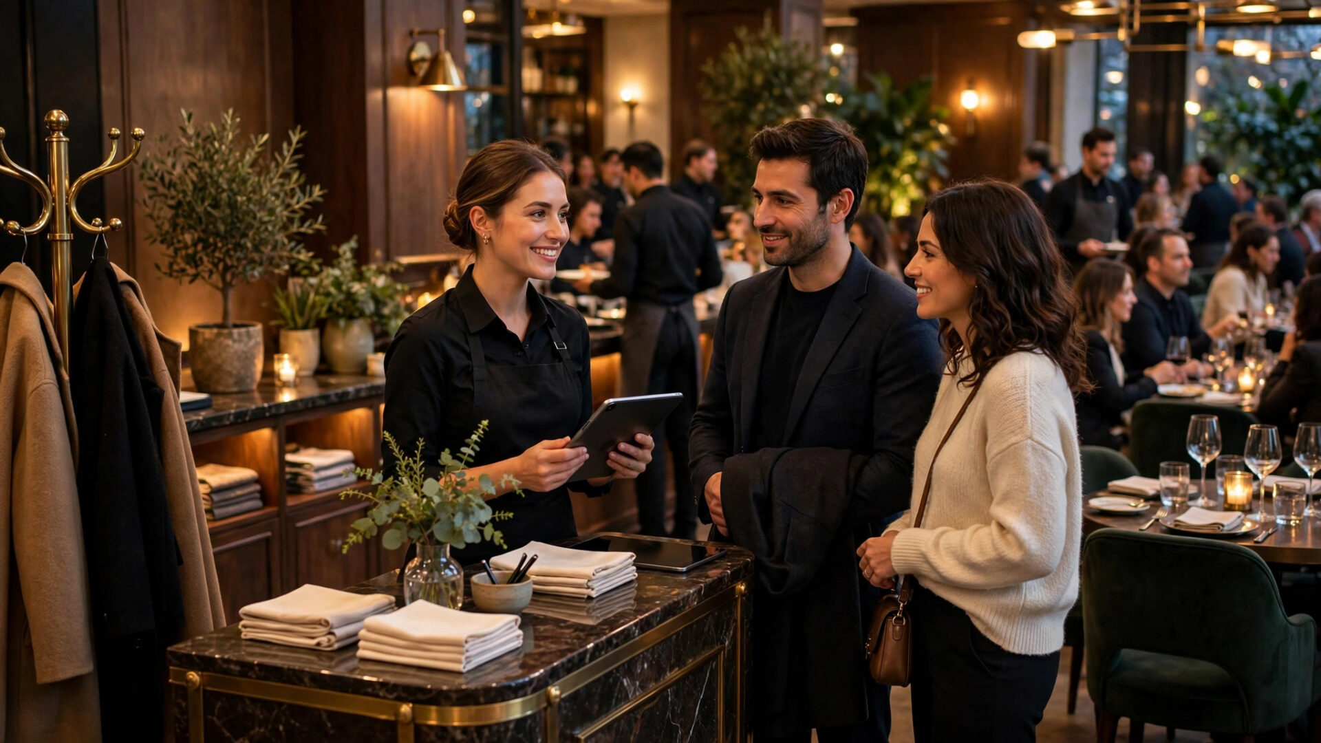 AI Booking Chatbot for Restaurants: Fill Tables, Cut No-Shows, Answer Every Call Restaurant hostess greeting guests at a busy host stand during dinner service
