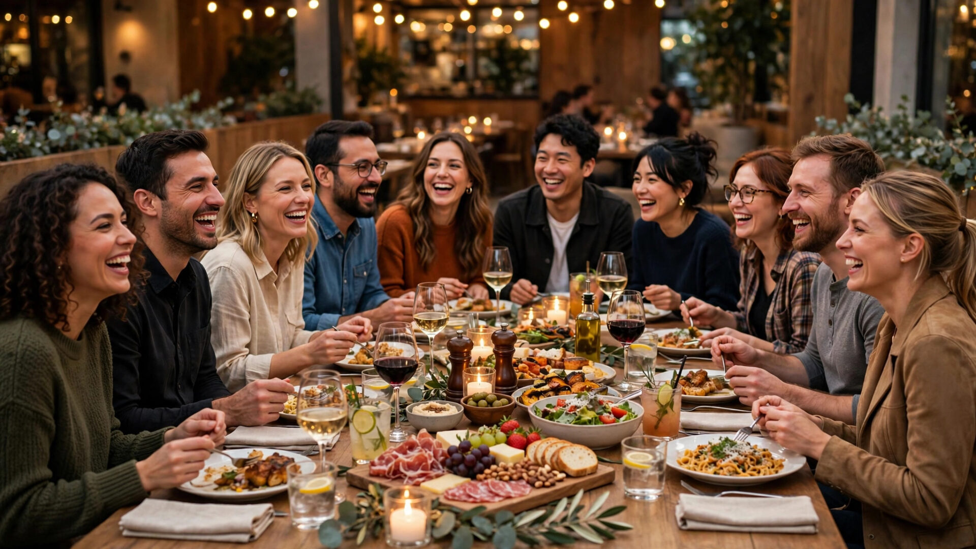 AI Booking Chatbot for Restaurants: Fill Tables, Cut No-Shows, Answer Every Call Large group of friends enjoying dinner together at a long restaurant table