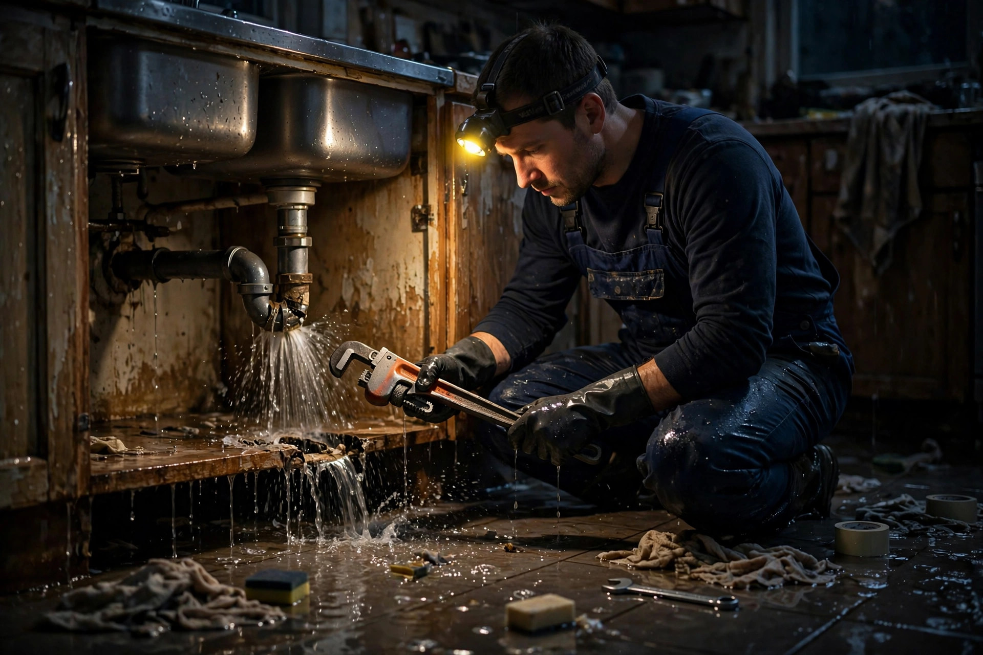 Plumber repairing a burst pipe under a kitchen sink during a nighttime emergency call