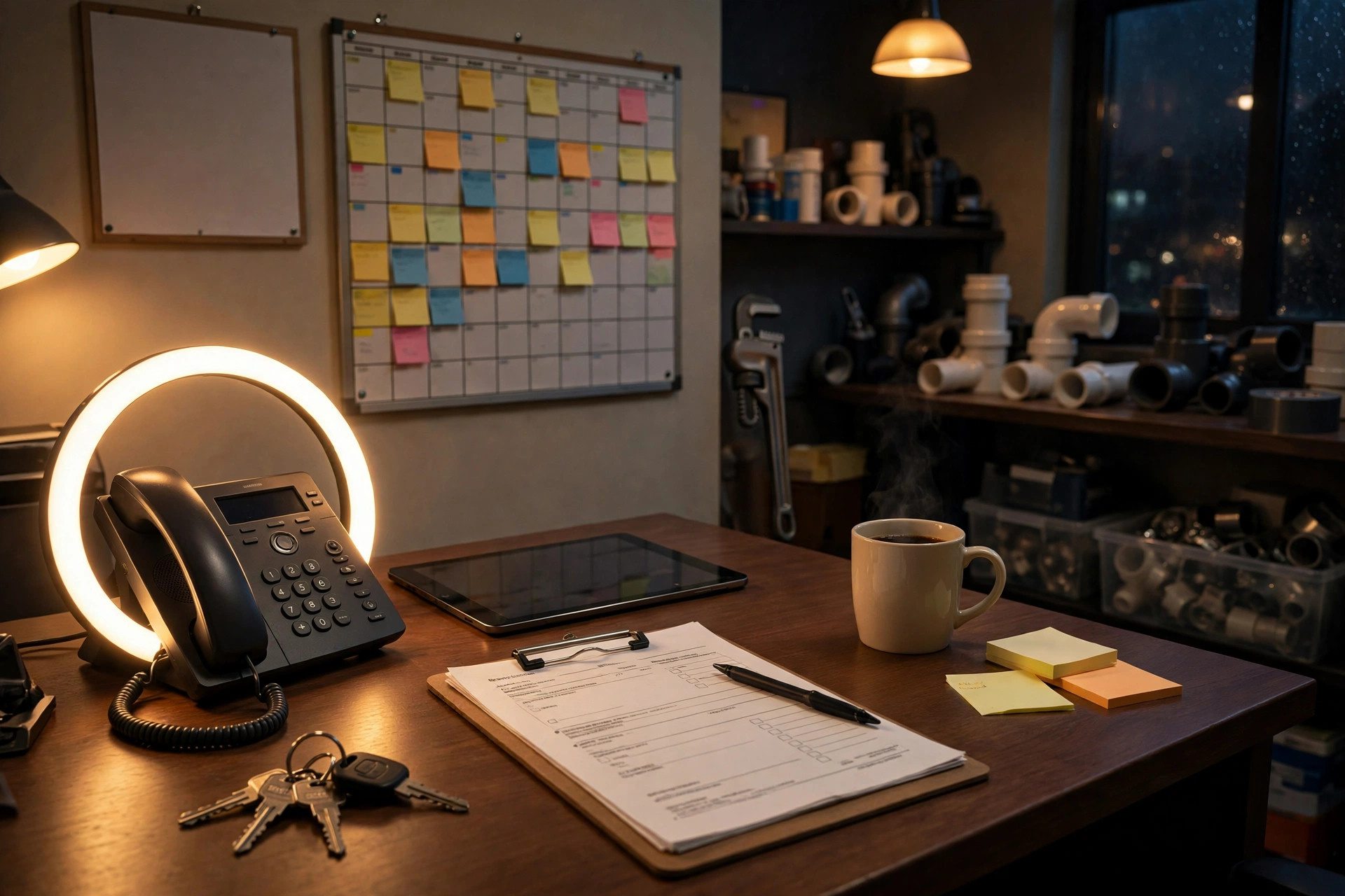 Plumbing company dispatch desk at night with ringing phone and job schedule