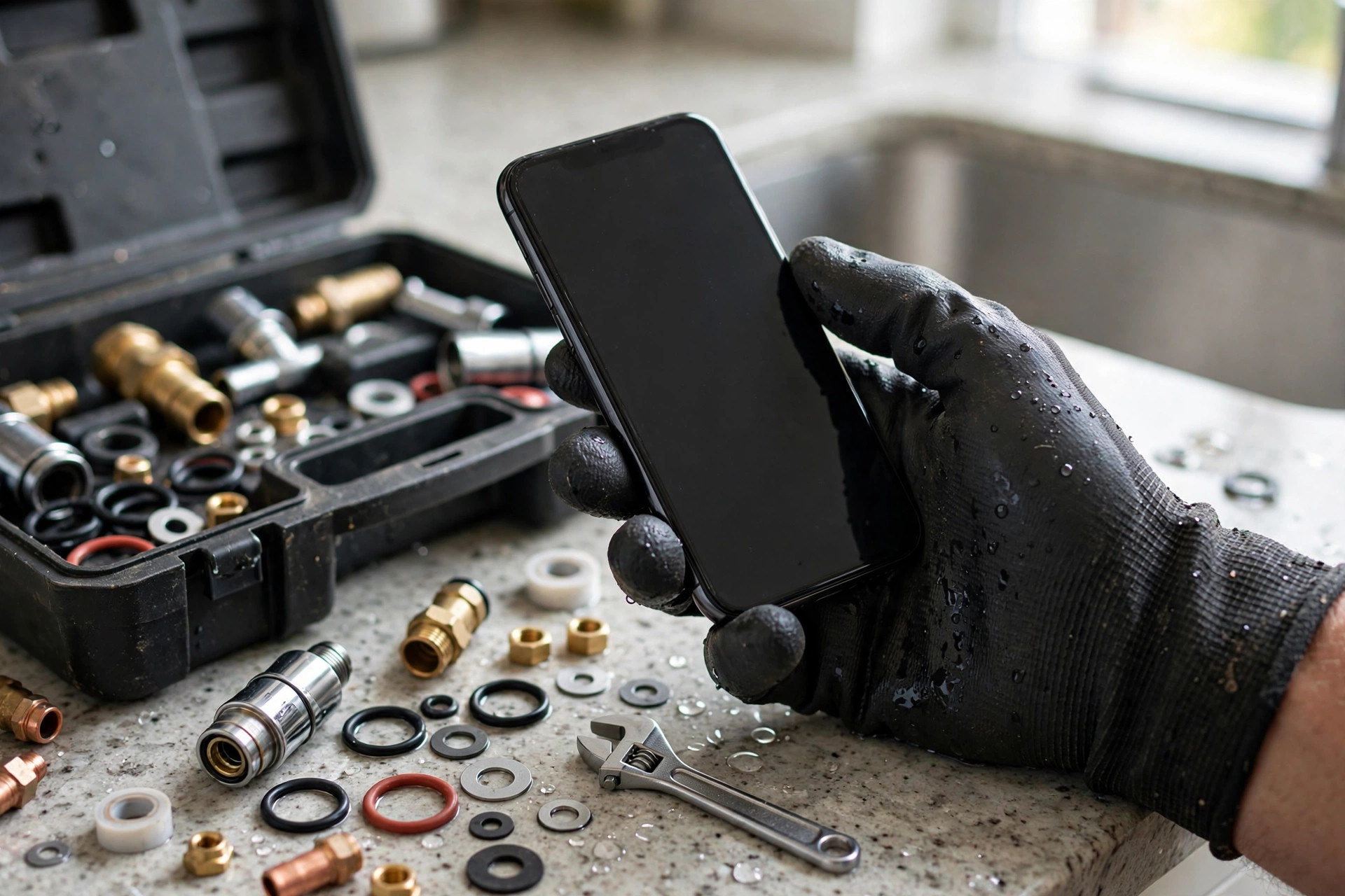 Plumber checking booked jobs on a smartphone next to a toolbox