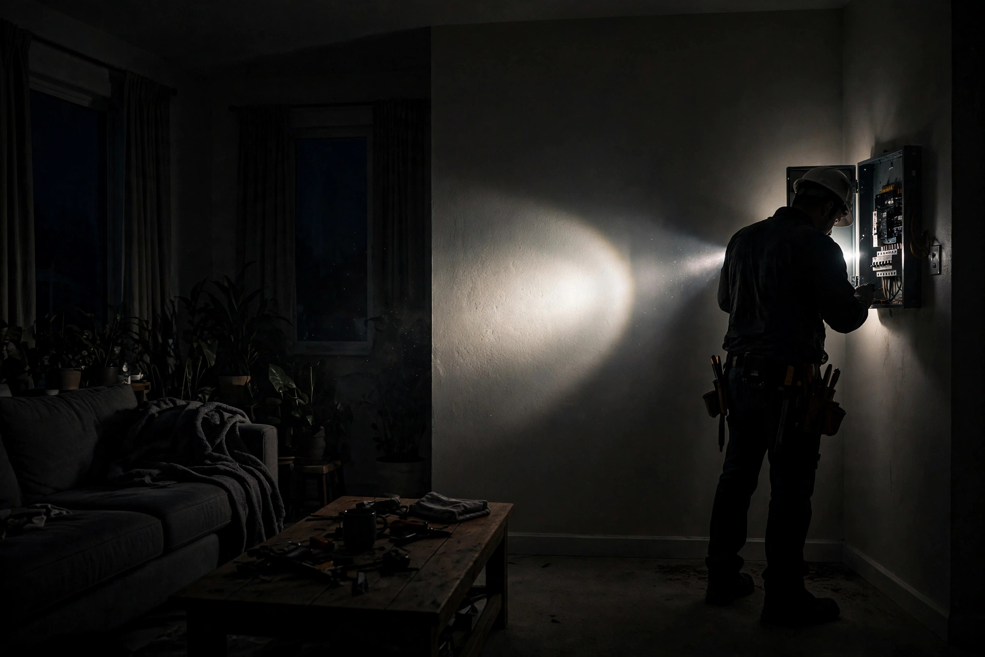 AI Answering Service for Electricians: Cost, Outage Triage, and After-Hours Booking Dark living room during a power outage with flashlight glow while an electrician checks the breaker box