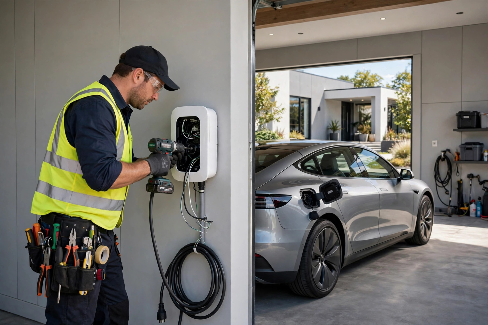 AI Answering Service for Electricians: Cost, Outage Triage, and After-Hours Booking Electrician installing a home EV charger on a garage wall next to an electric car