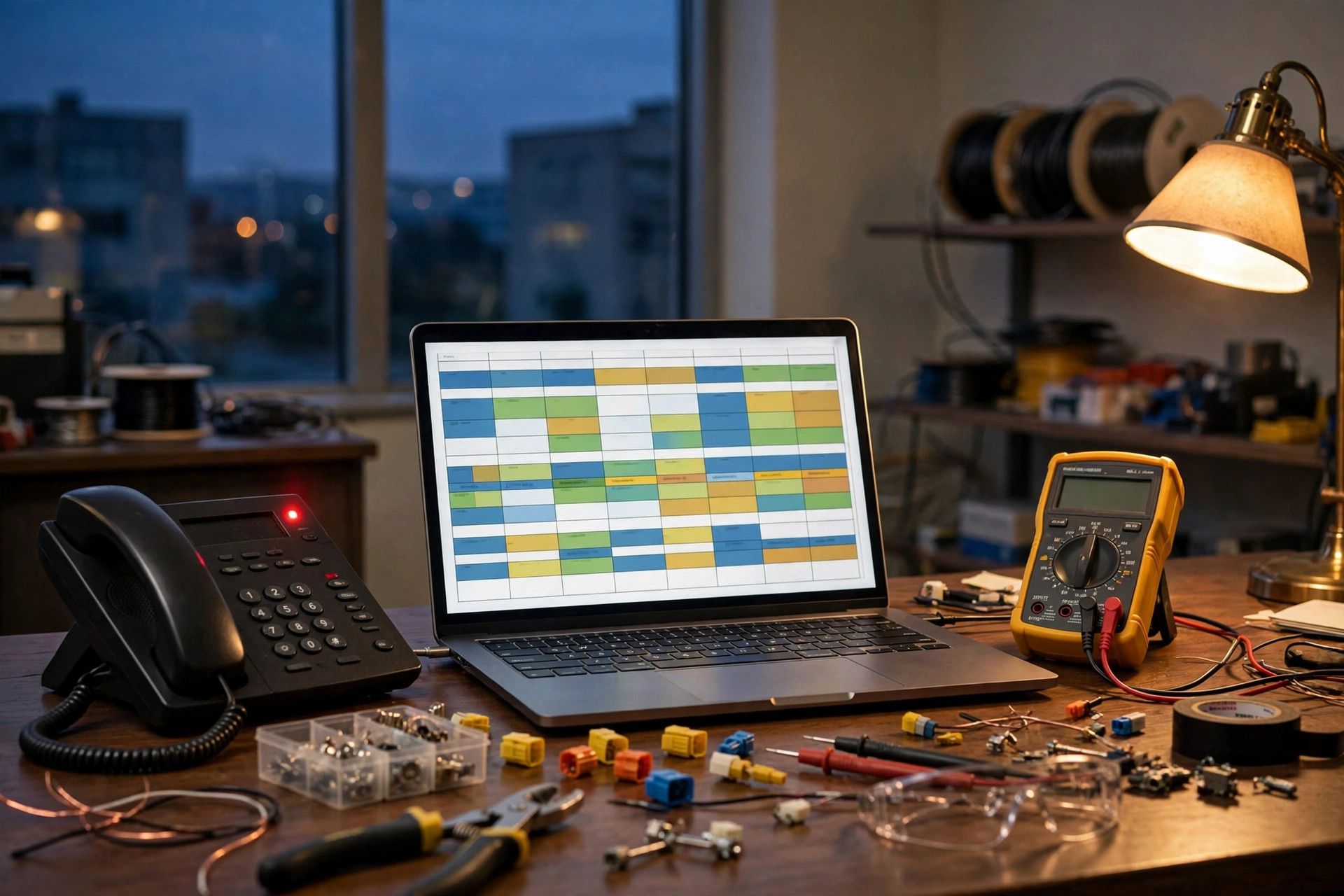 AI Answering Service for Electricians: Cost, Outage Triage, and After-Hours Booking Electrical contractor office desk at dusk with ringing phone and work schedule