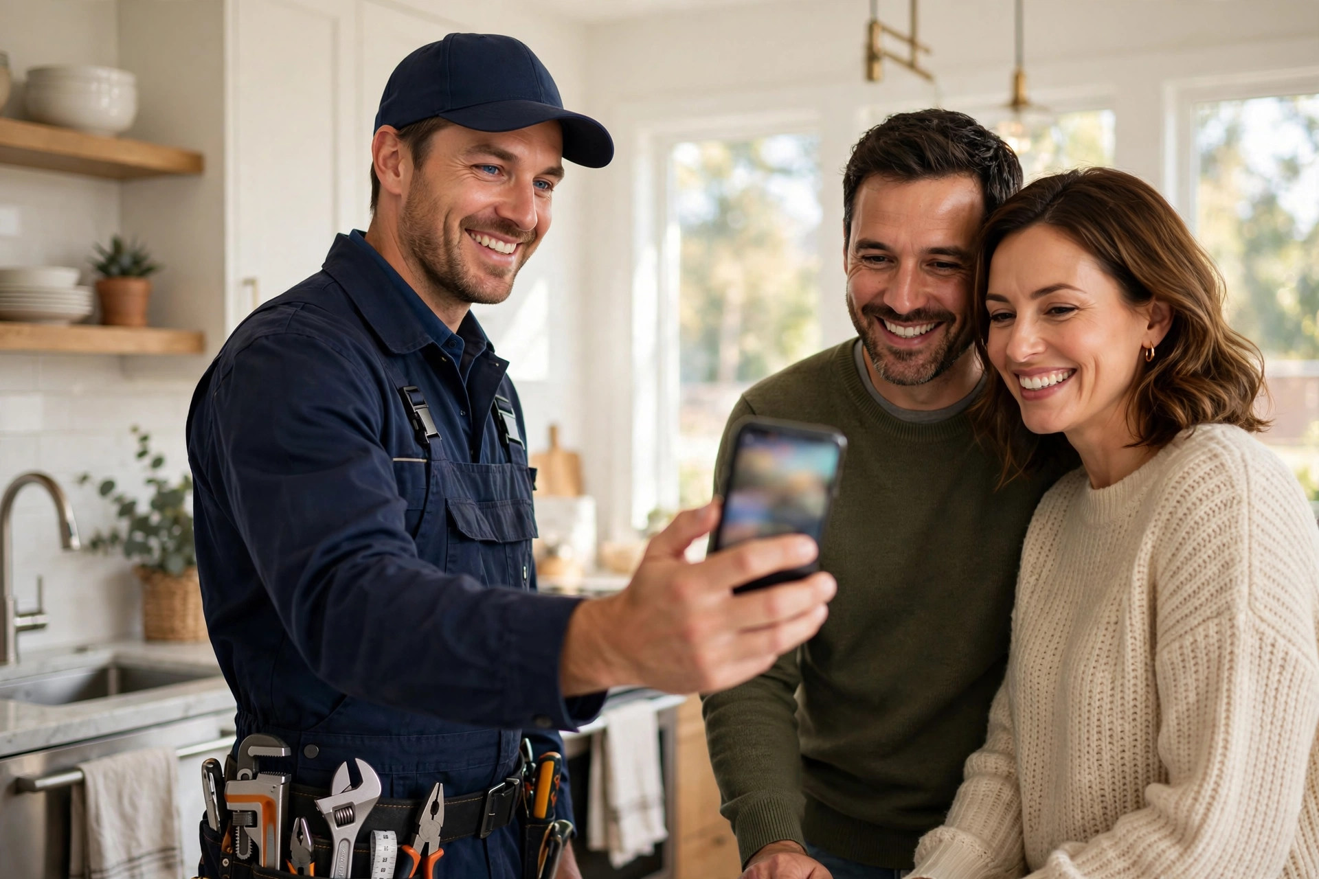Plumber showing a five star review on a phone to a happy homeowner