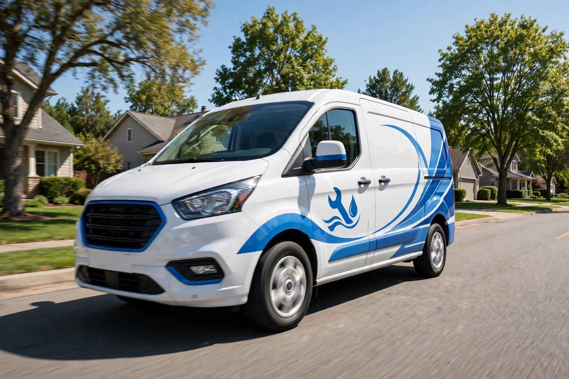 Plumbing service van with clean branding driving through a neighborhood