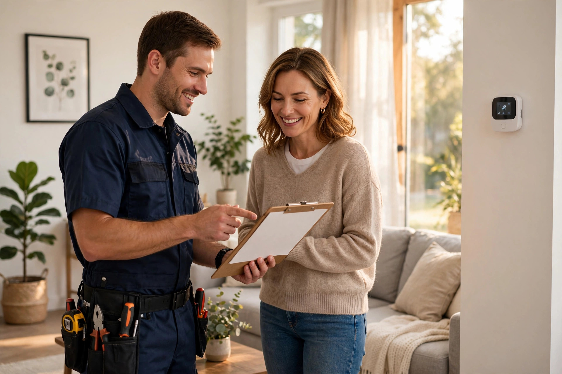HVAC technician explaining a maintenance plan to a homeowner