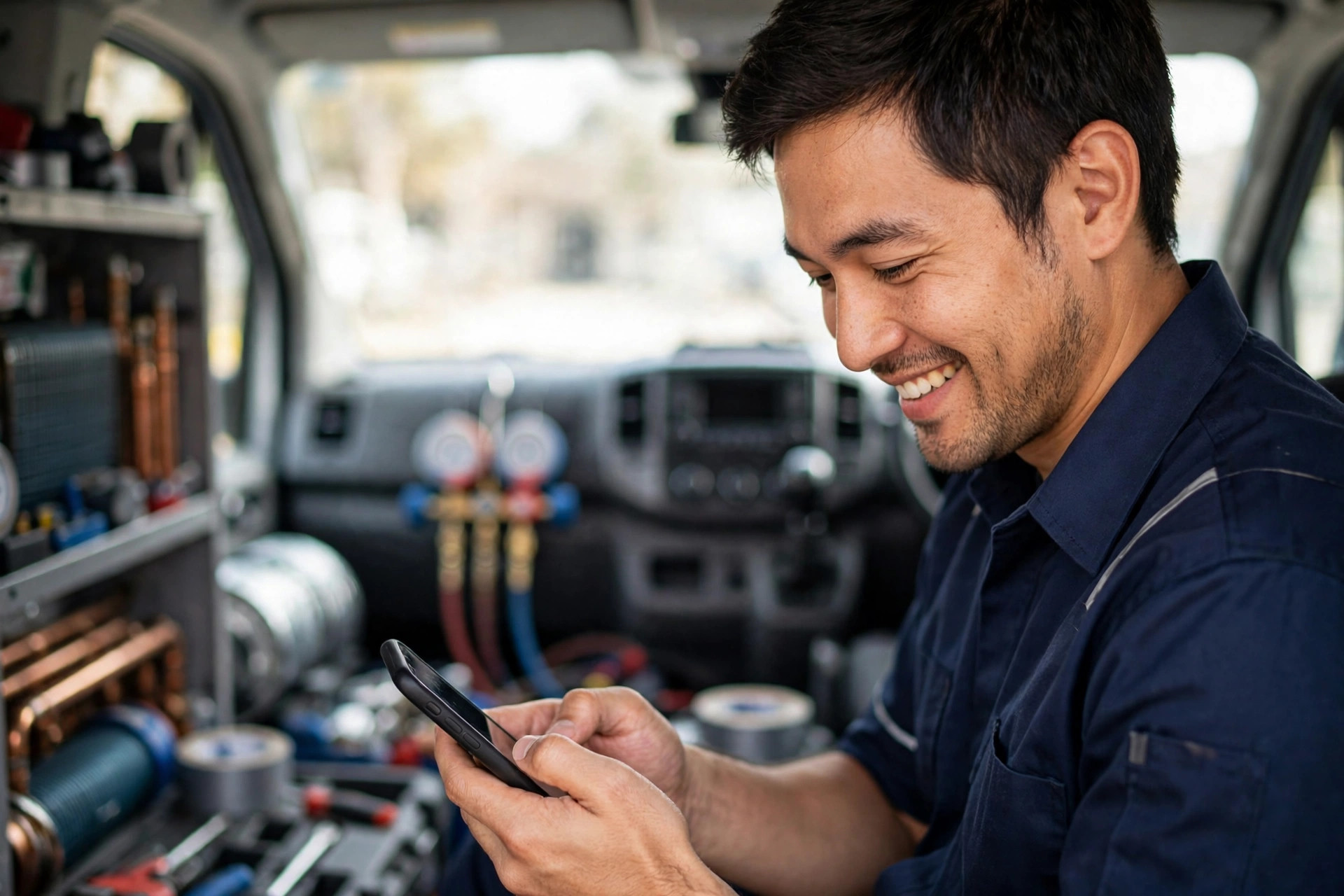 HVAC technician sending a service text message from a phone