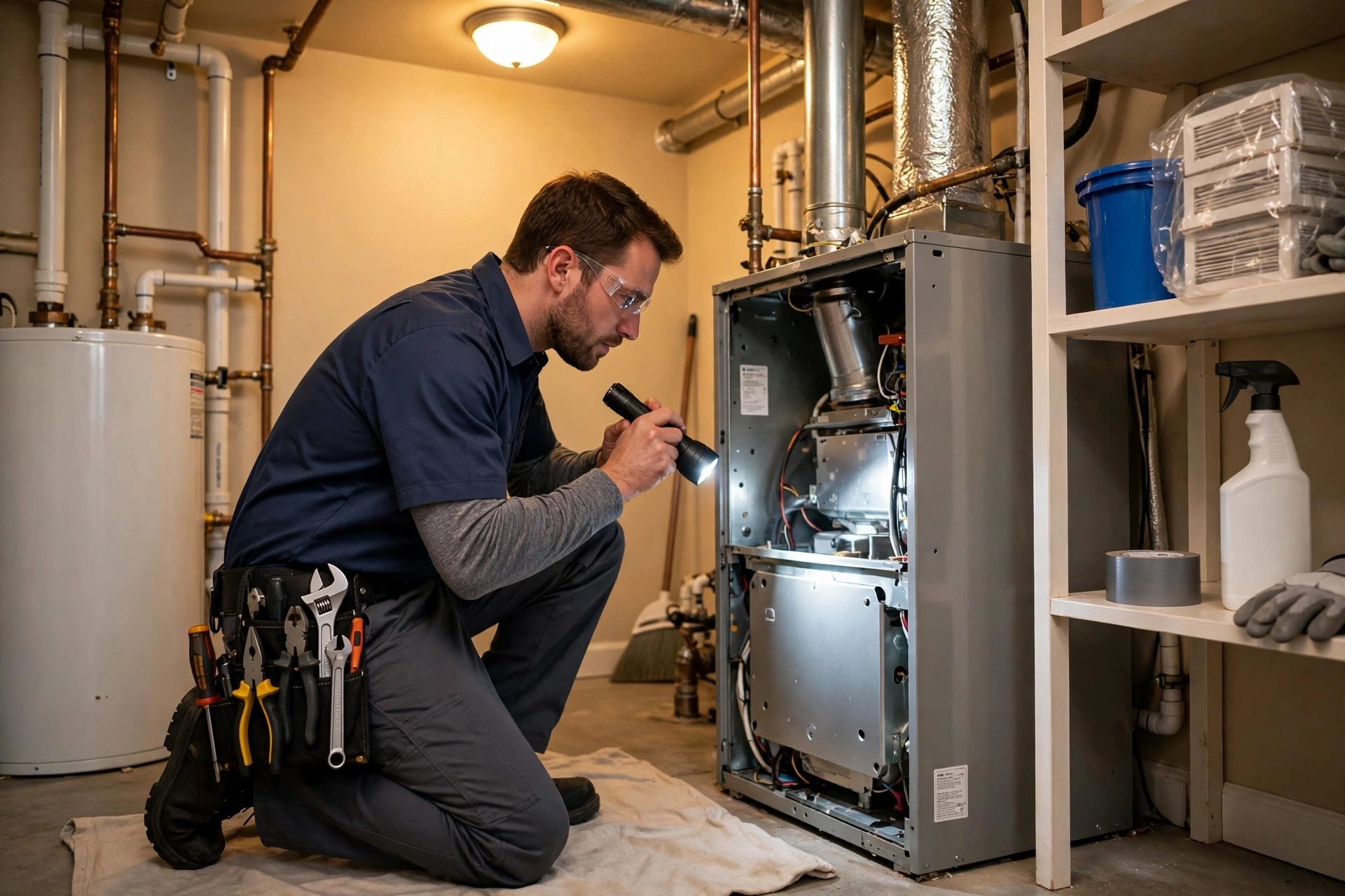 Technician performing a seasonal furnace tune up in a home