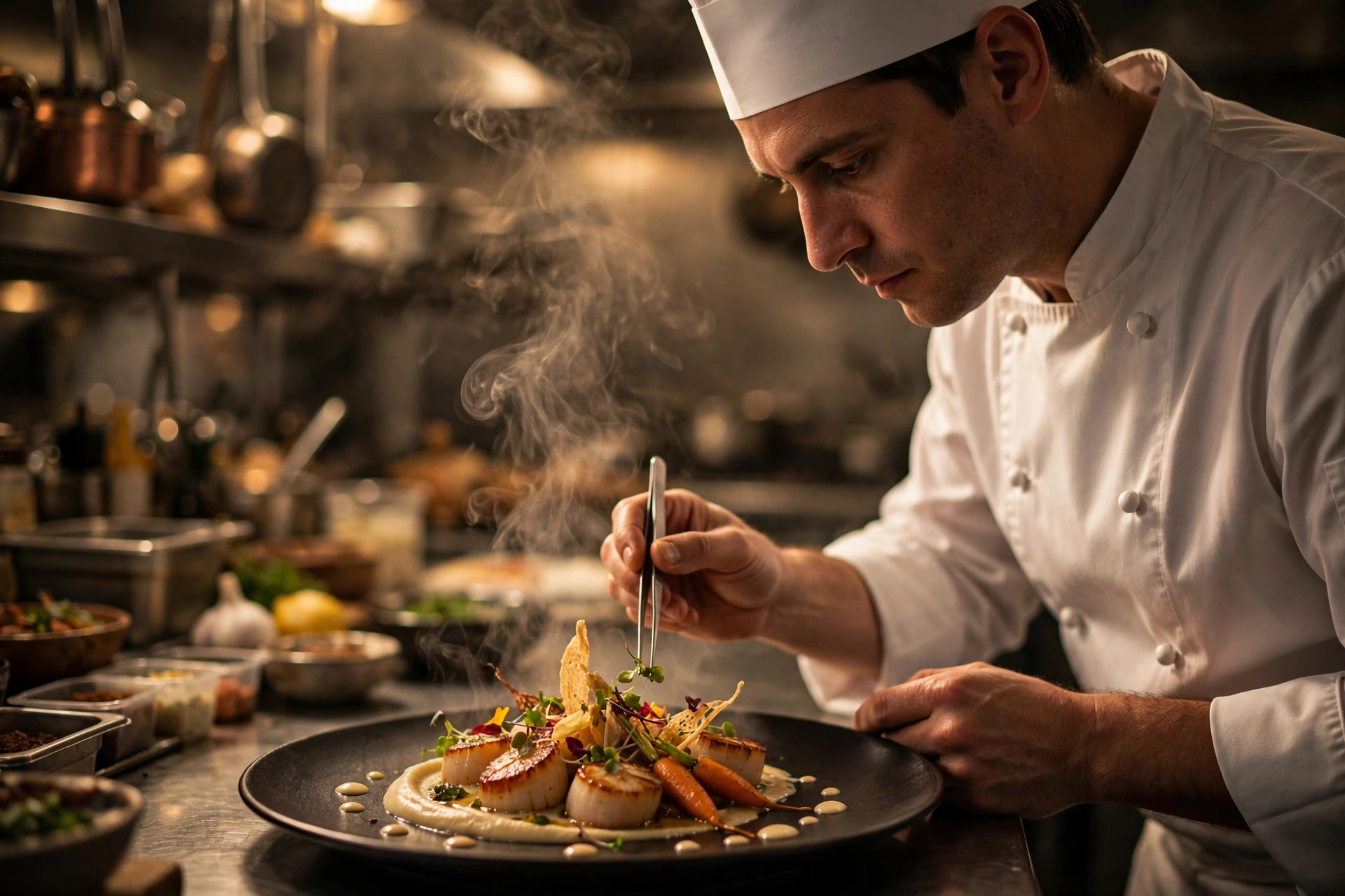 Chef plating a gourmet dish in a restaurant kitchen