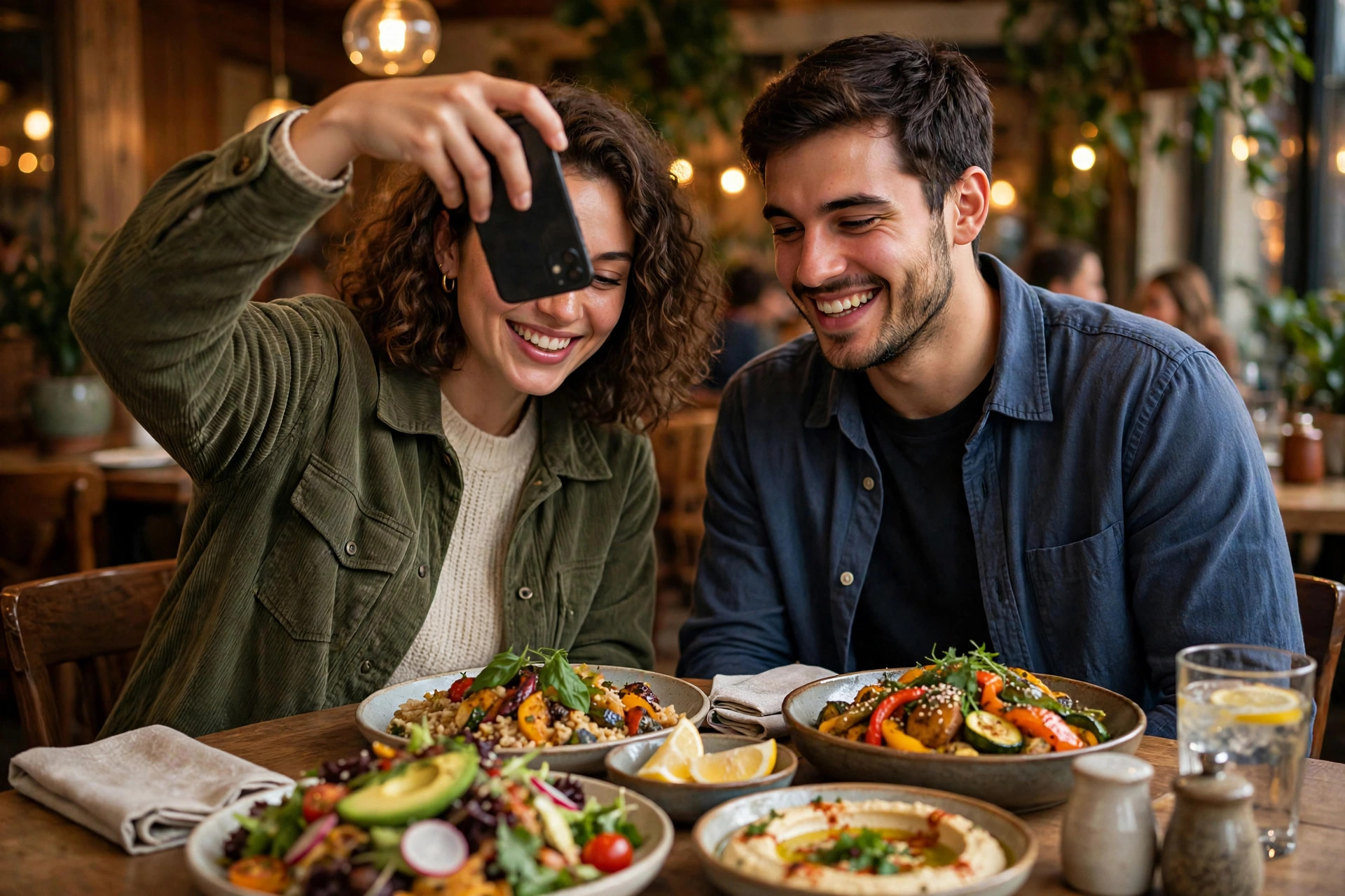 Couple photographing their food at a restaurant table