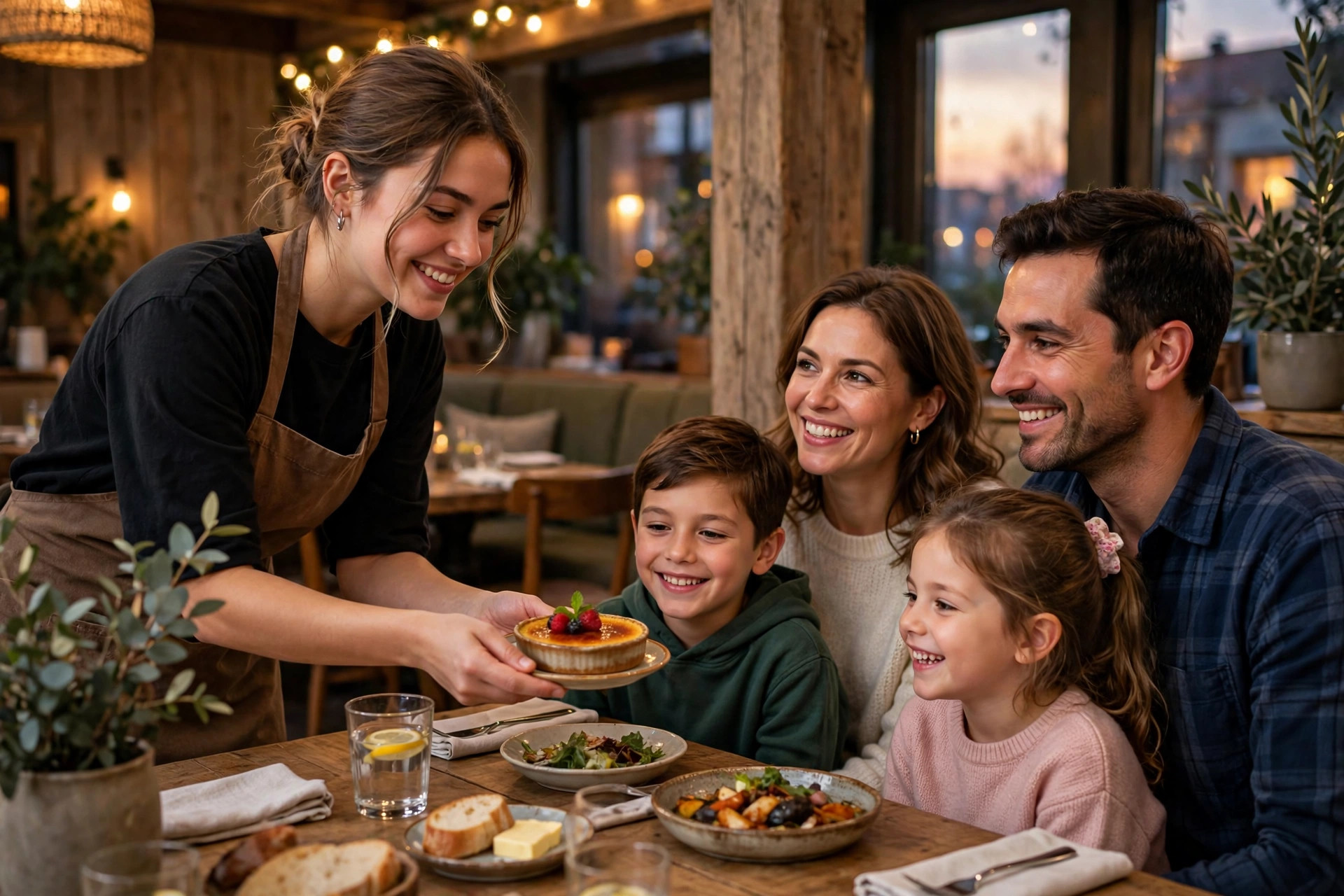 Server serving dessert to a happy family at a restaurant