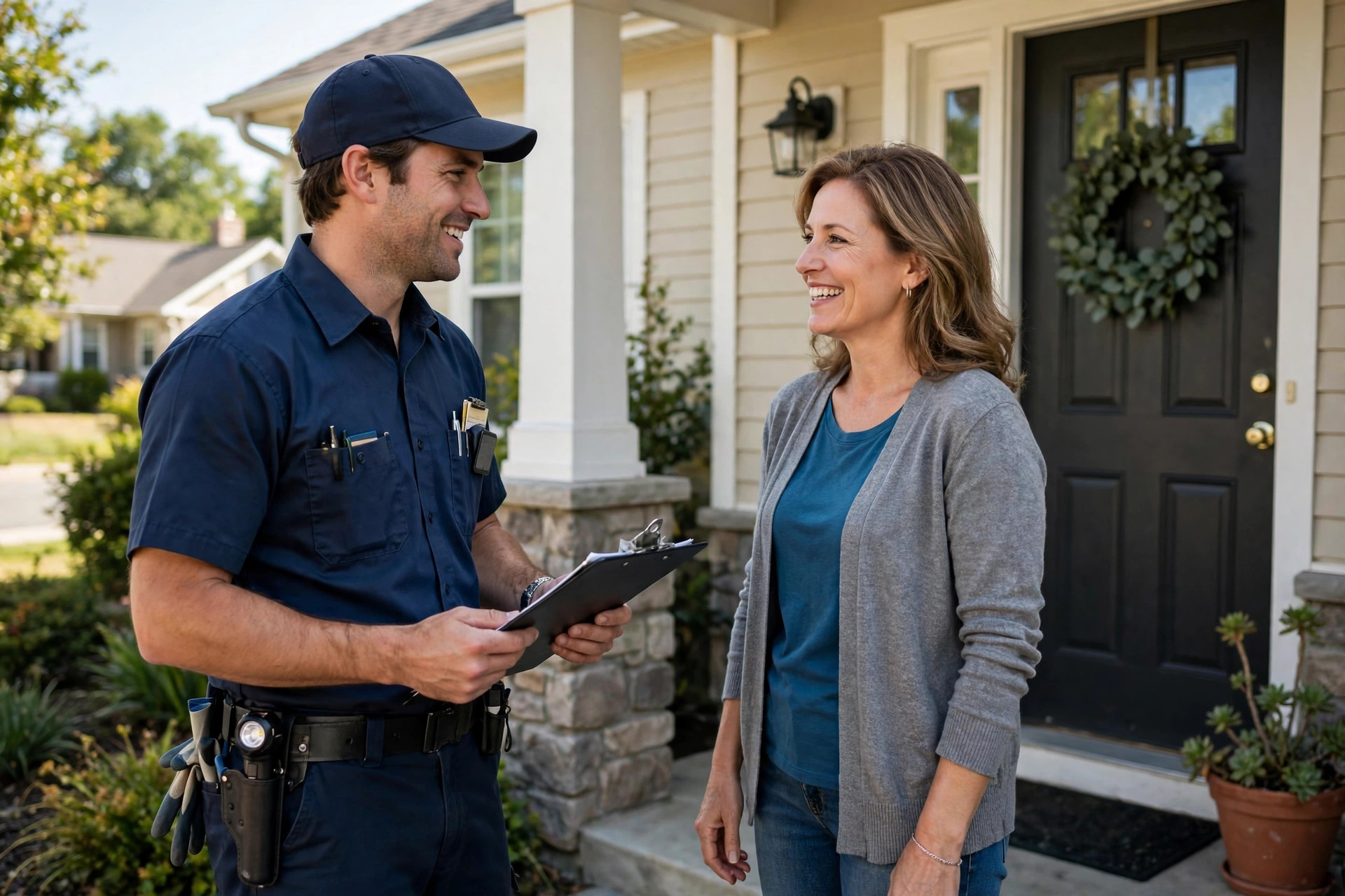 Pest control technician asking a smiling homeowner for a review after a service visit