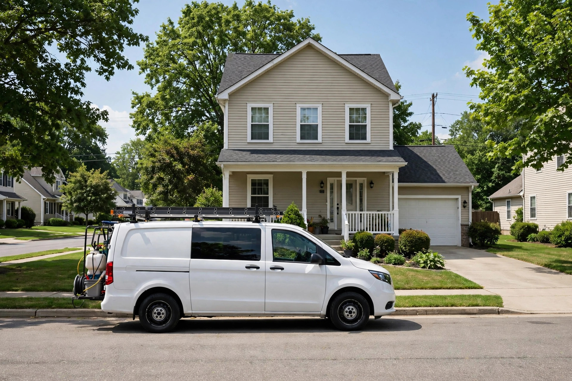 Pest control van parked in front of a house on a sunny residential street