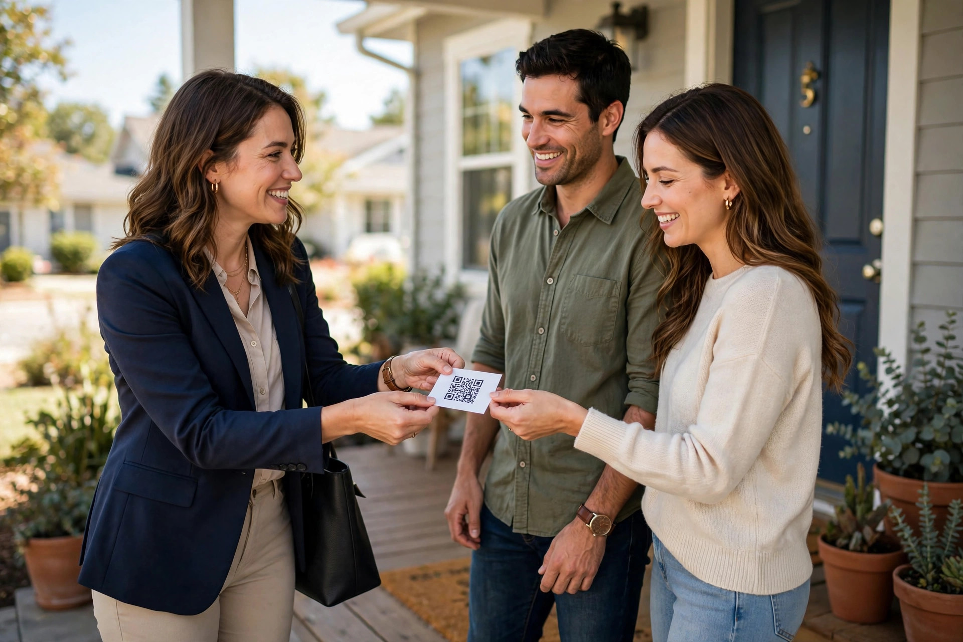Real estate agent handing a review card with a QR code to new homeowners on their front porch