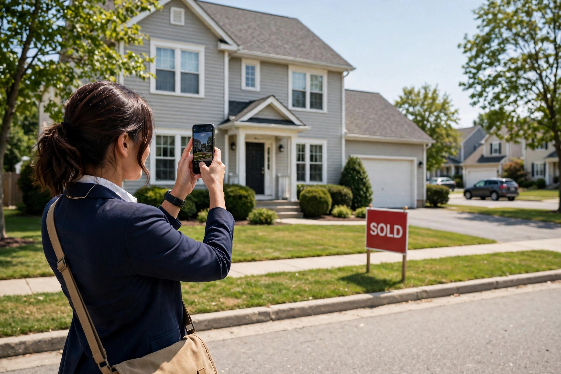 Real estate agent taking a photo of a sold home exterior for a closing day review request