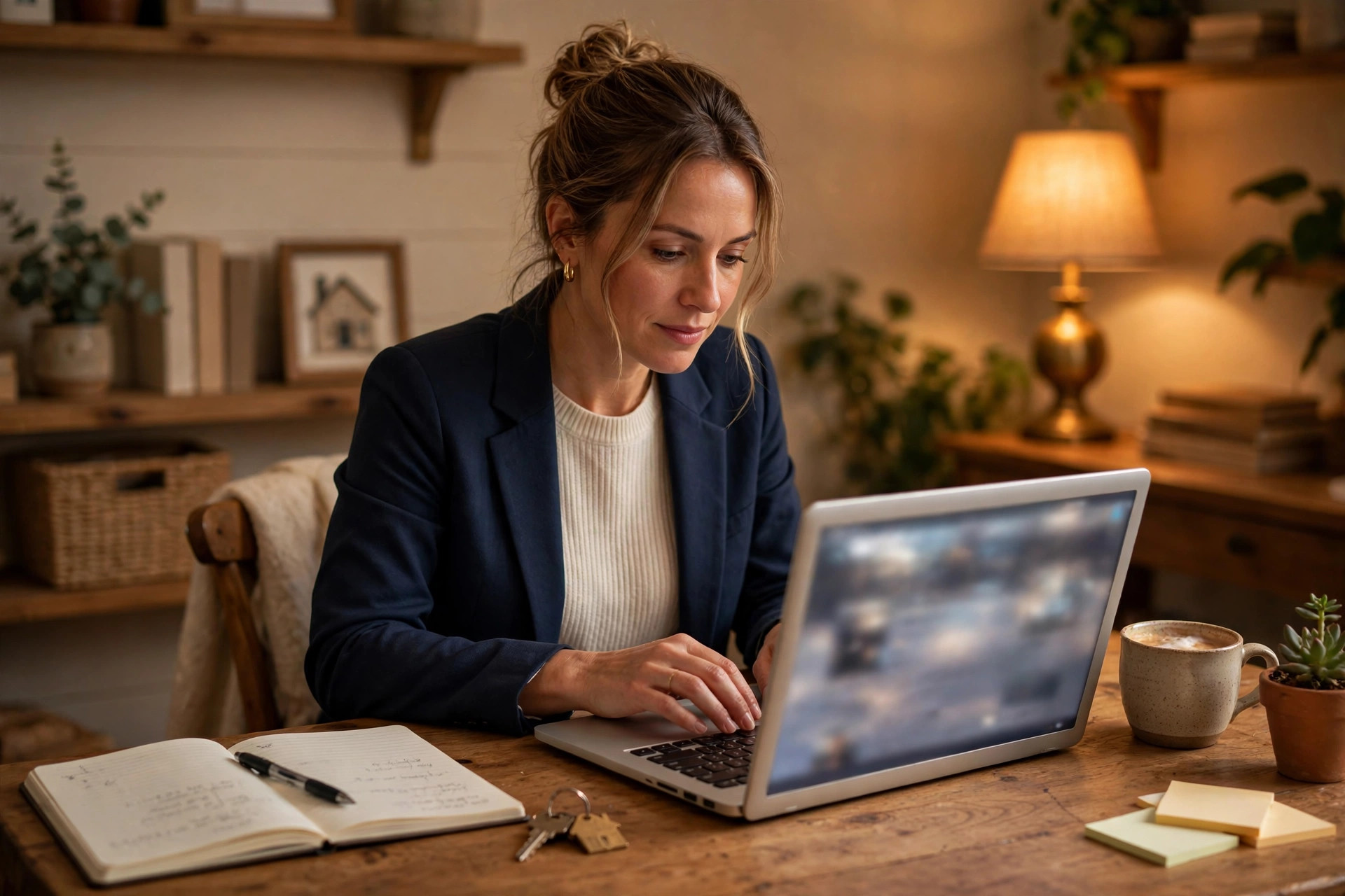 Real estate agent replying to Google reviews on a laptop in a home office