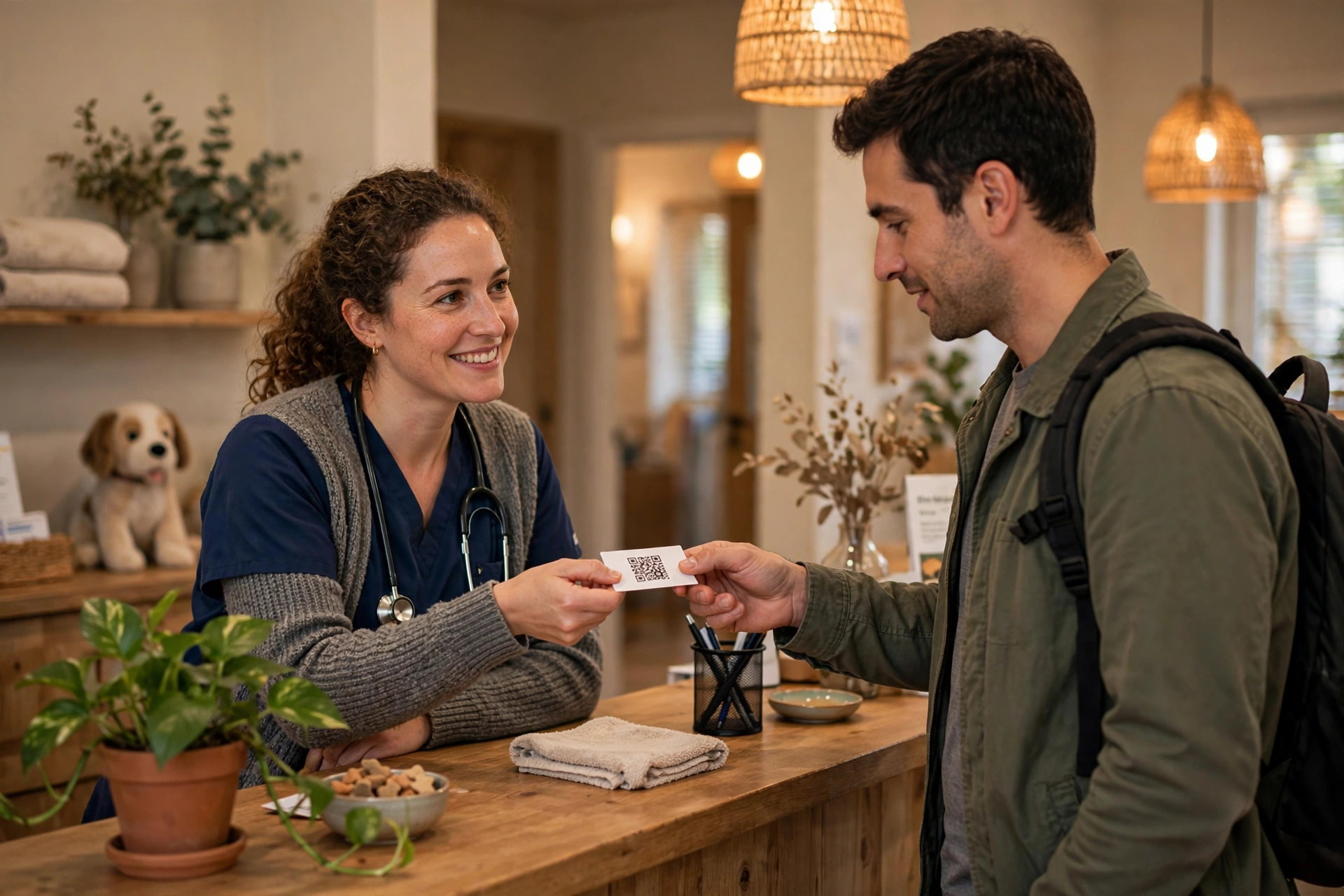Veterinary front desk receptionist handing a pet owner a review card with a QR code