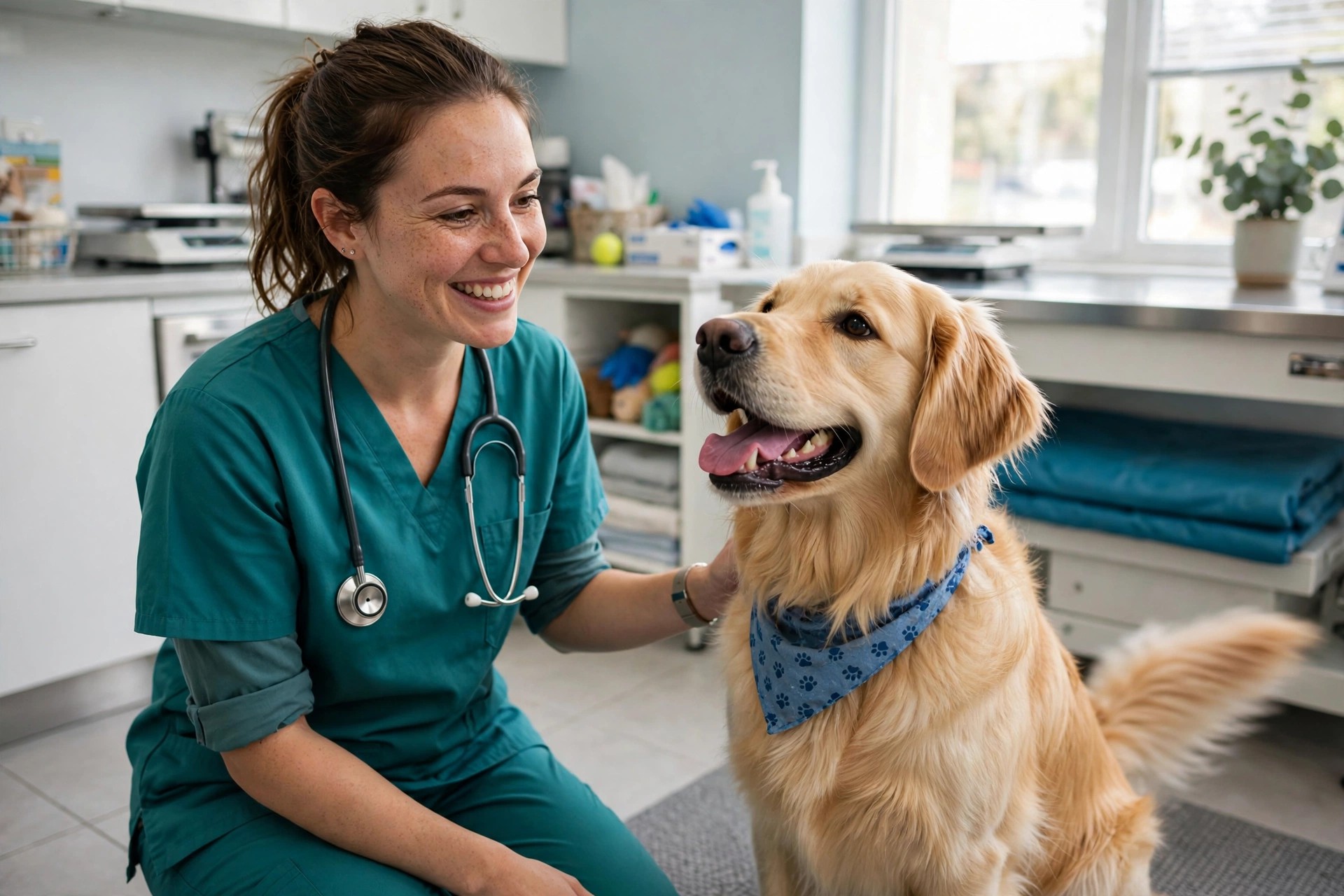 Happy dog wagging its tail beside a smiling veterinarian after a checkup