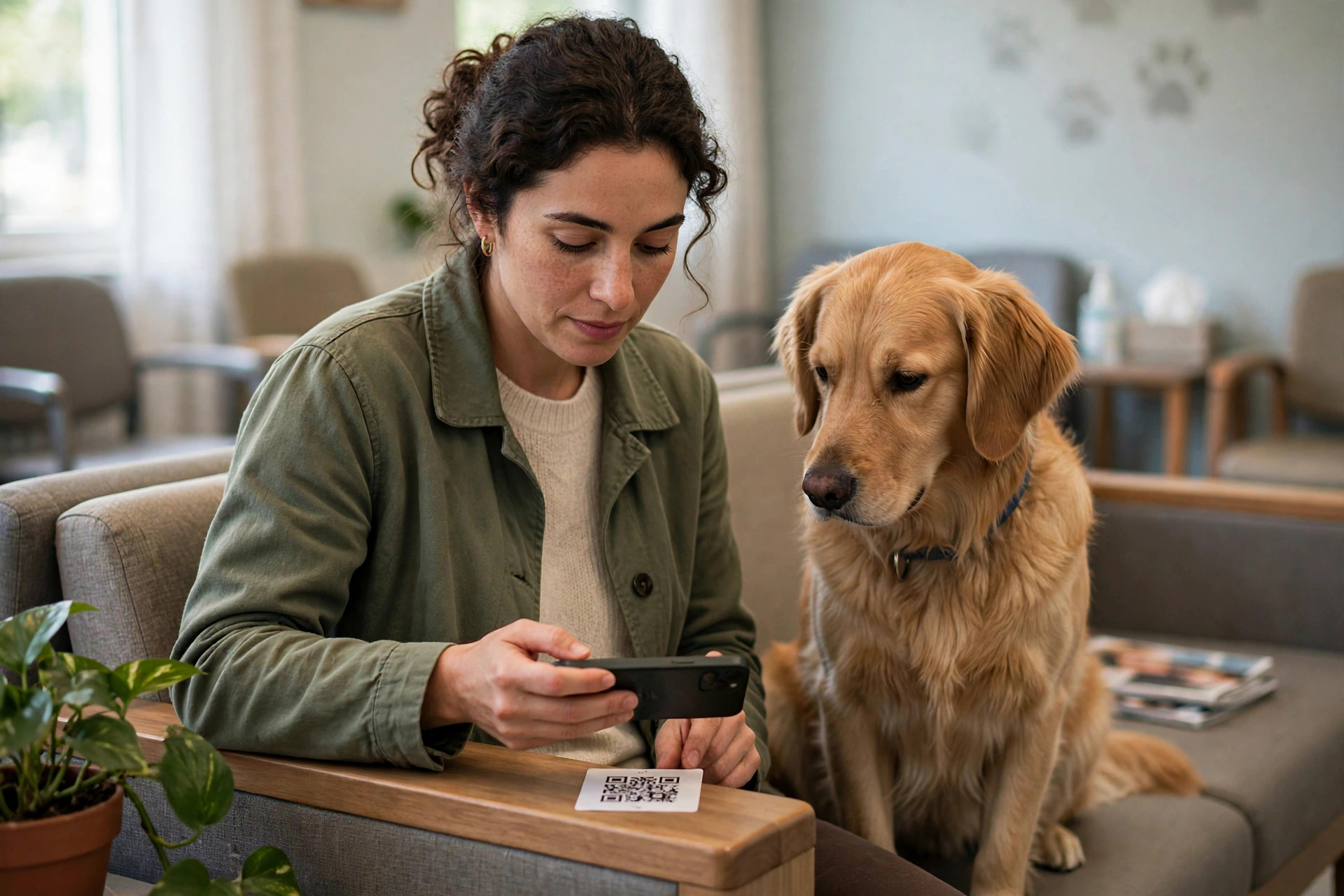 Pet owner scanning a QR code to leave a Google review in a veterinary clinic waiting room