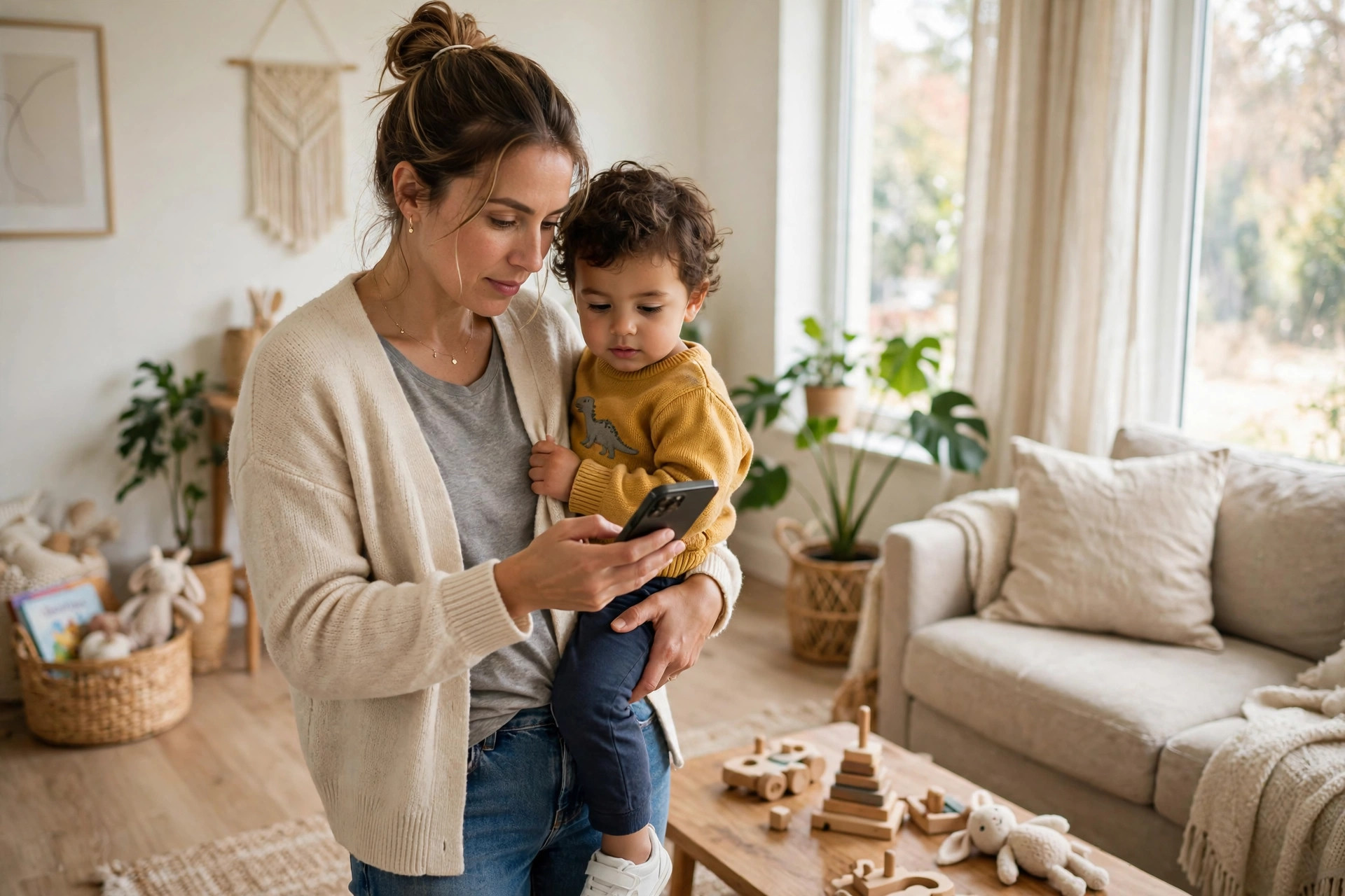 Mother booking a daycare tour on a smartphone while holding her toddler