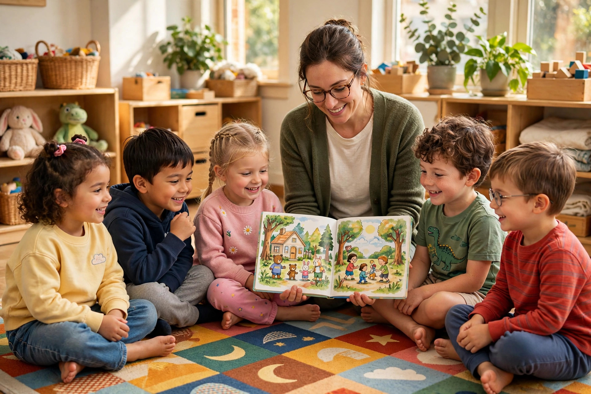 Daycare teacher reading to a group of small children sitting on a rug