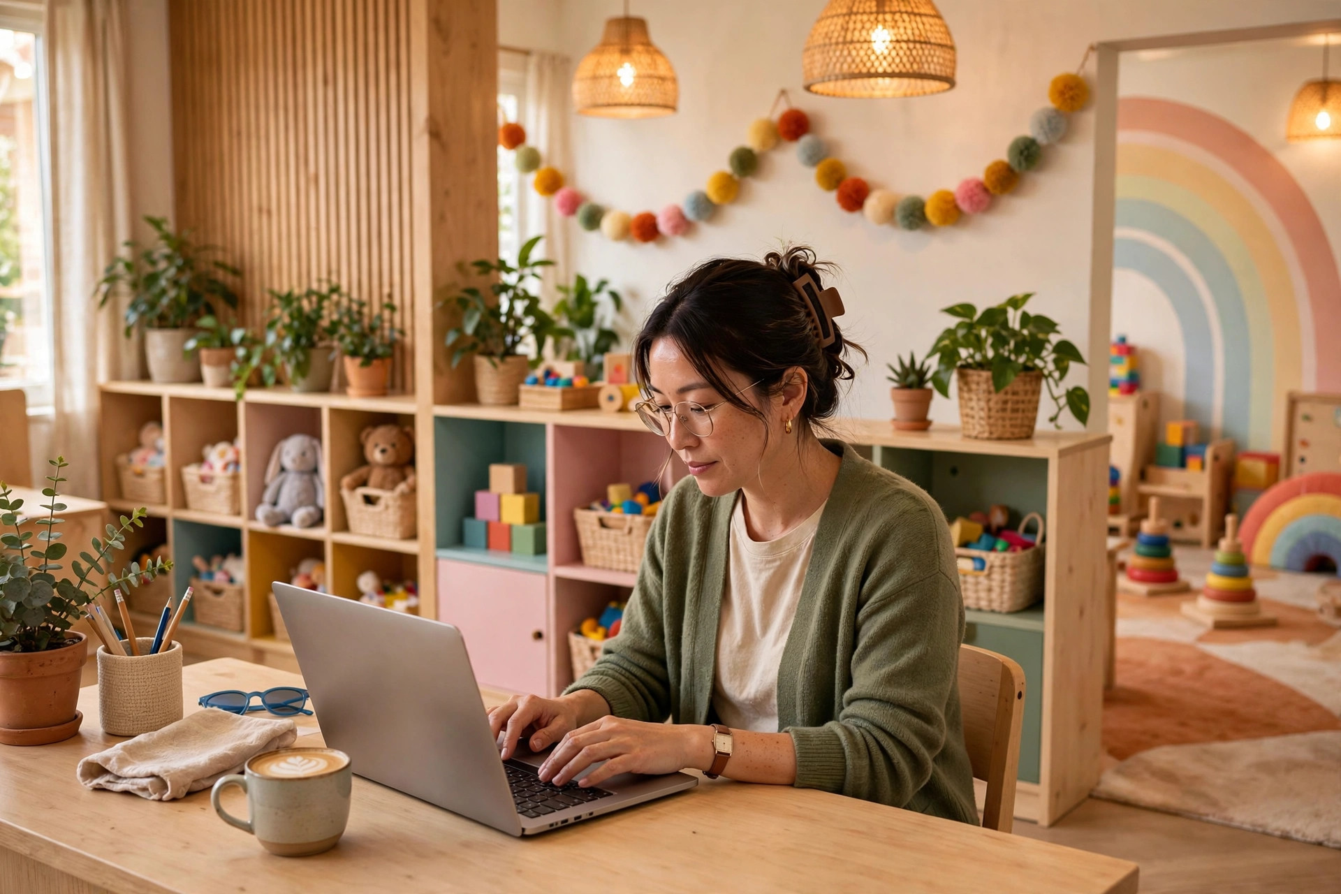 Daycare director working on a laptop at a front desk in a child care center