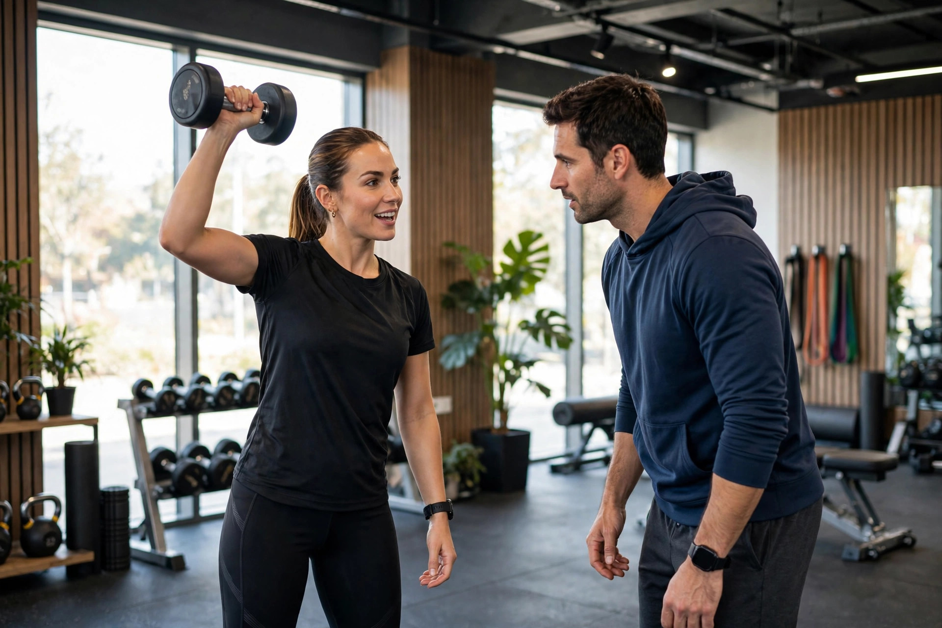 Personal trainer demonstrating a dumbbell exercise to a client in a gym