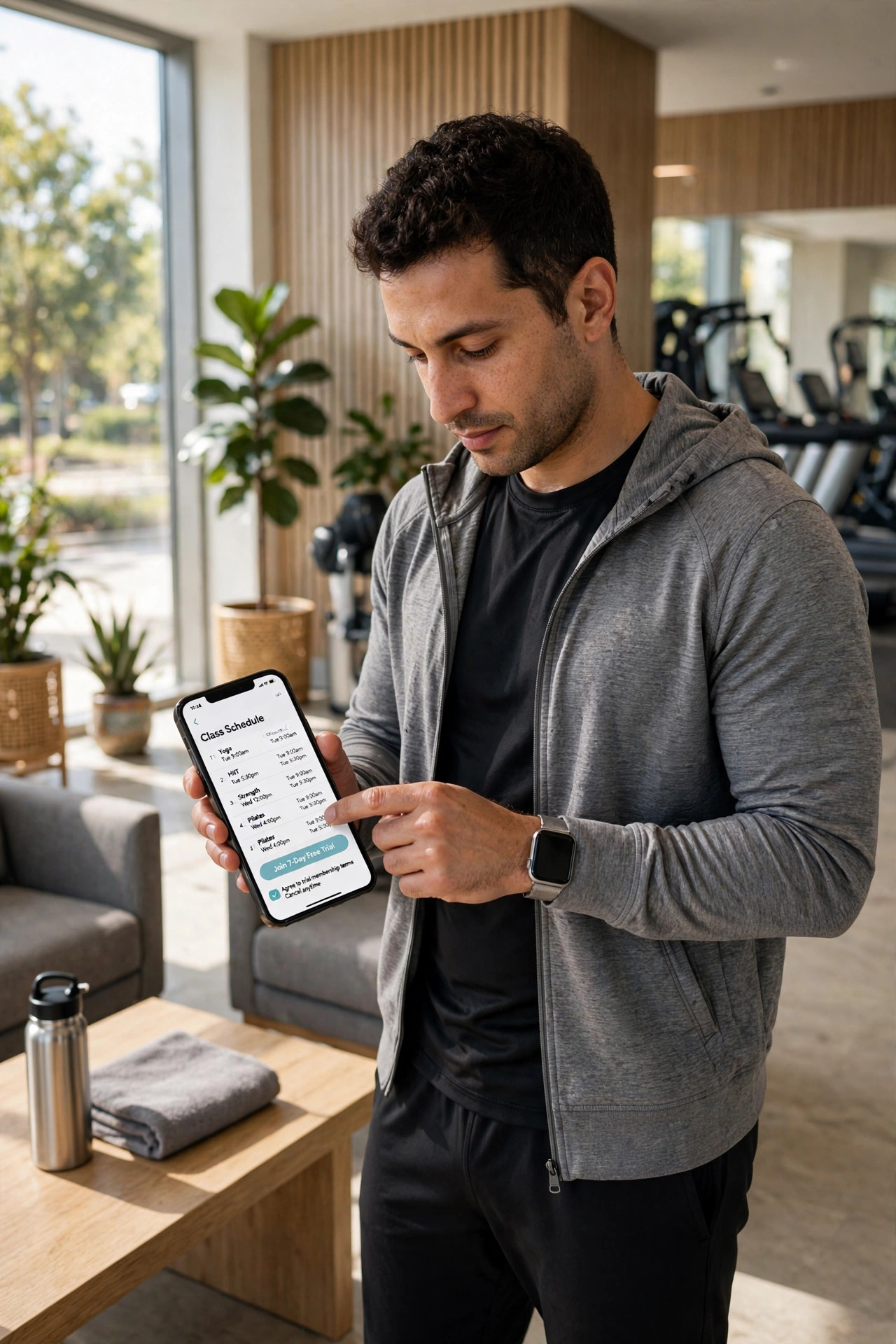Person signing up for a gym trial membership on a smartphone showing a schedule
