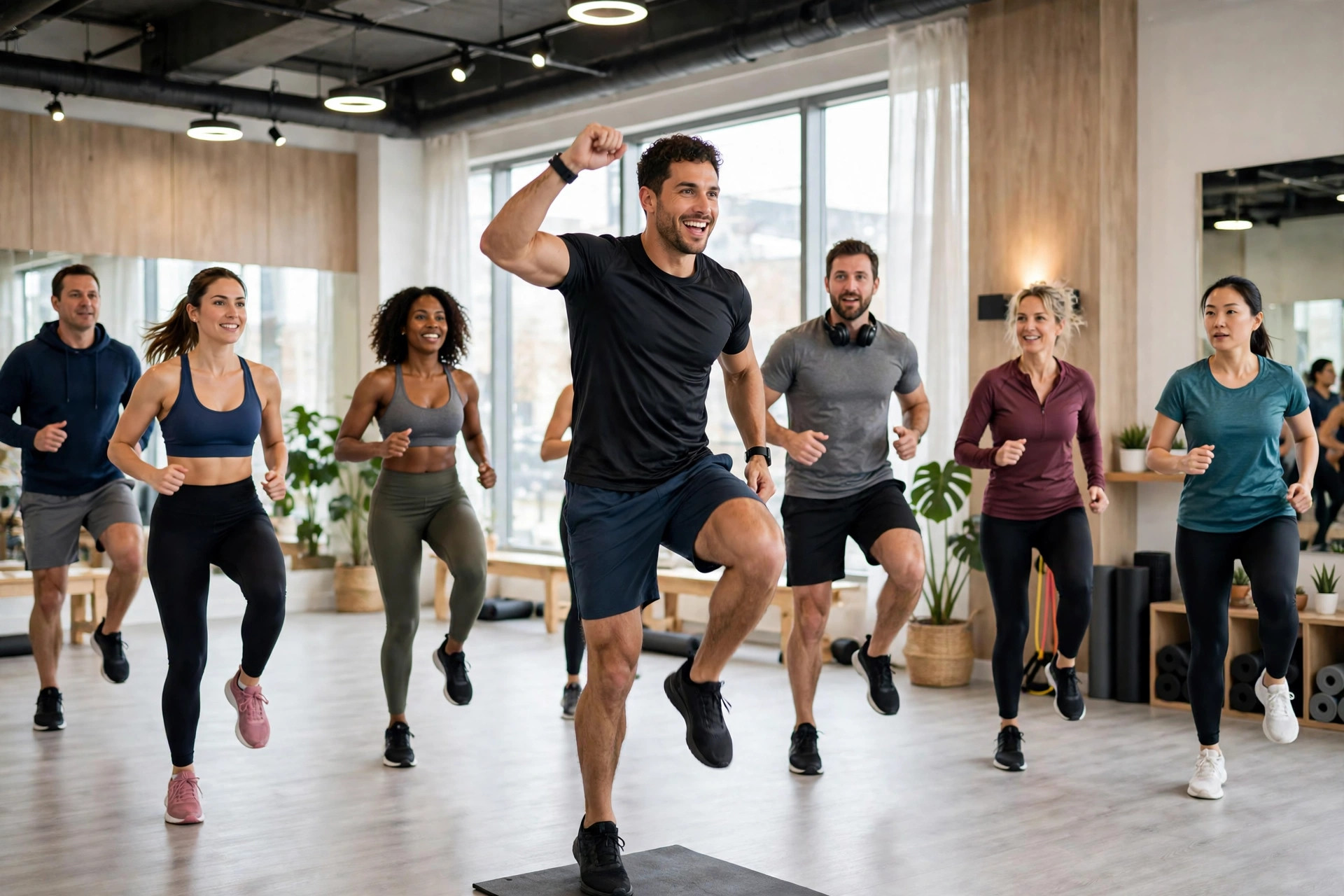 Group fitness in progress with an instructor leading from the front