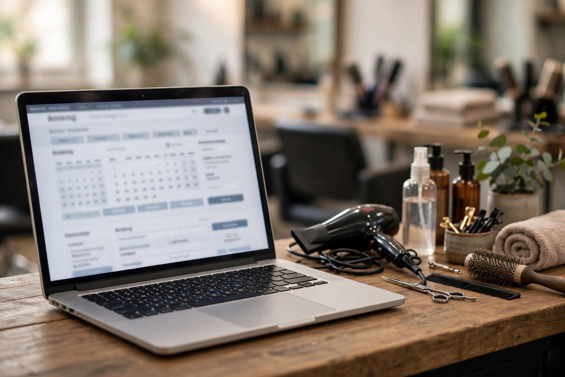 Salon website displayed on a laptop with online booking page open next to a styling station