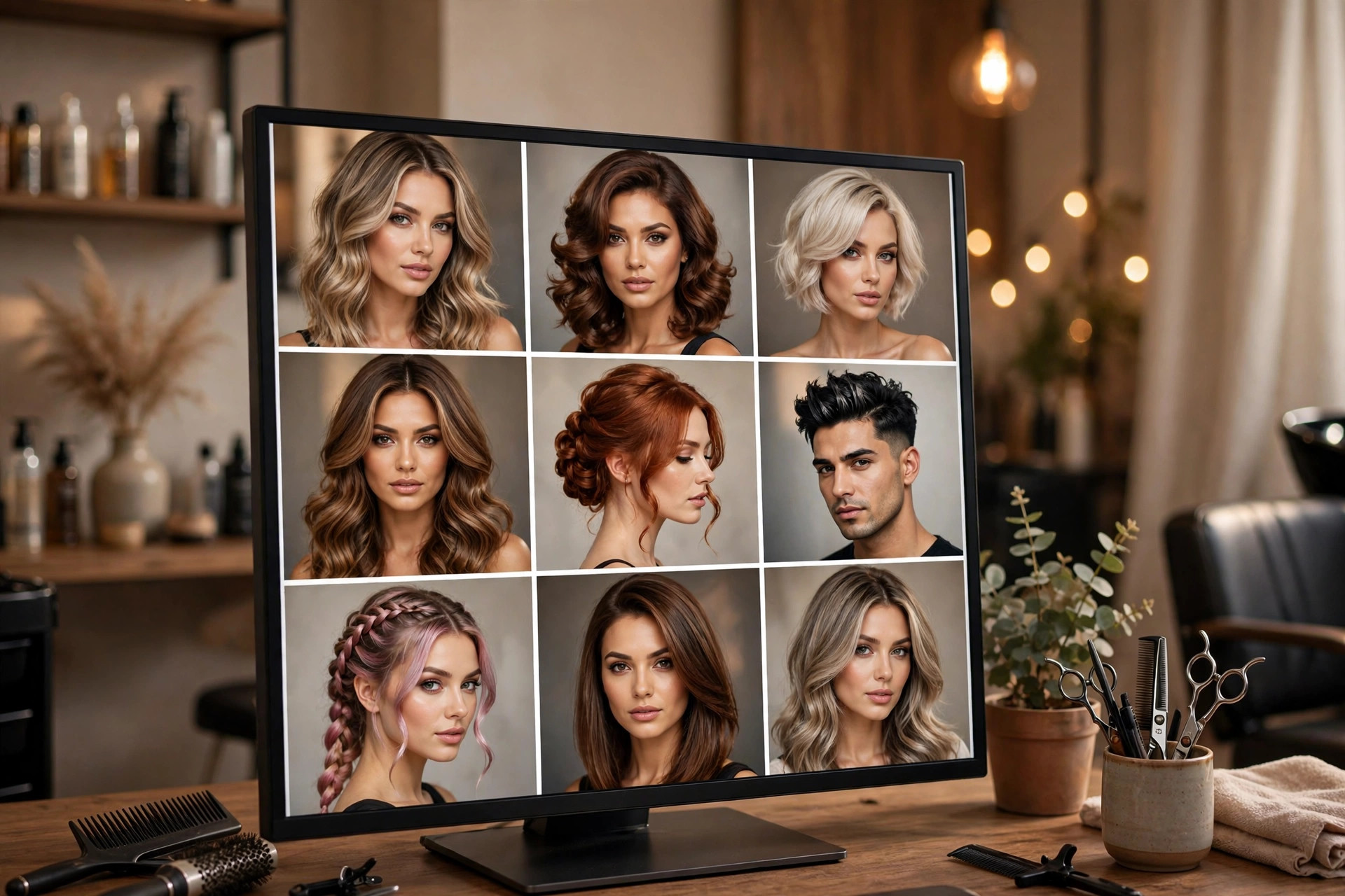 Hairstylist portfolio photos shown on a salon website design mockup