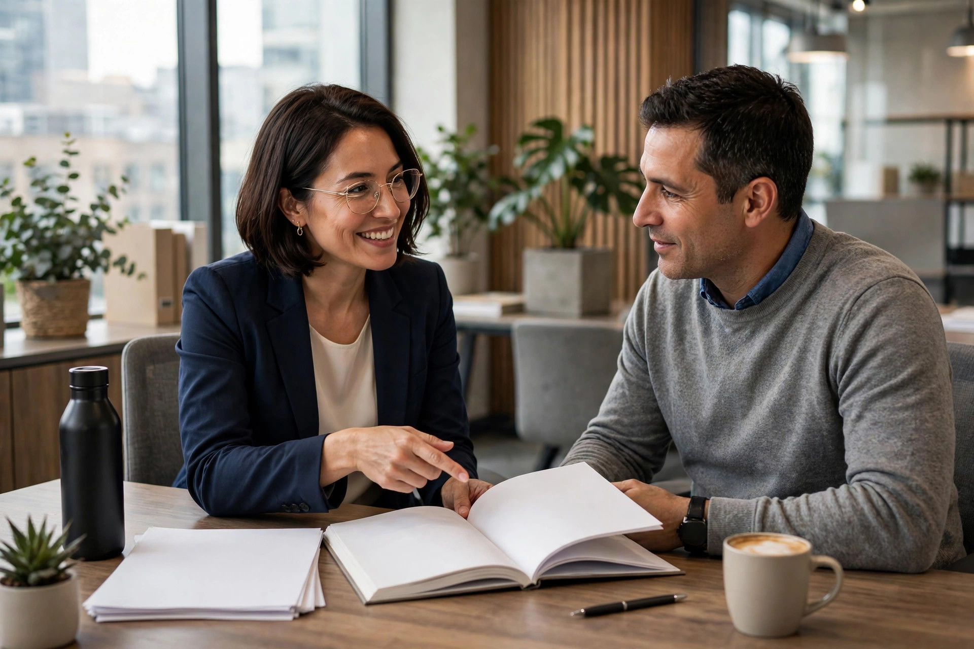 How Much Does an Insurance Agency Website Cost? Insurance agent explaining a policy document to a client in a modern office