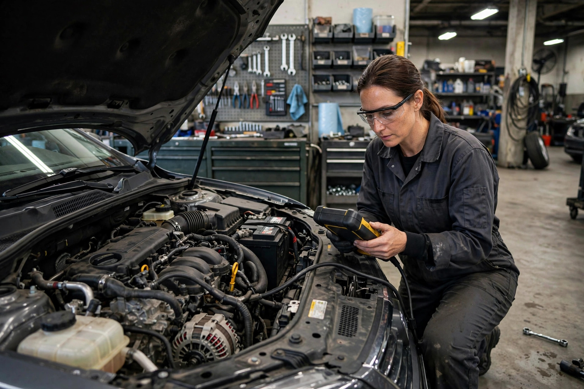 How Much Does an Auto Repair Shop Website Cost? Mechanic inspecting a car engine in a repair bay with diagnostic equipment