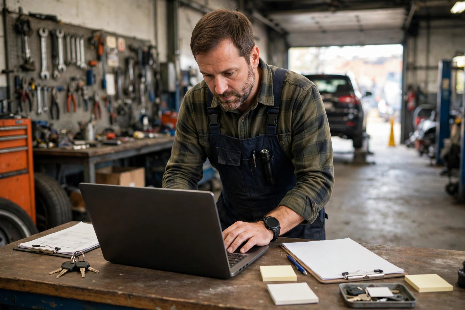 How Much Does an Auto Repair Shop Website Cost? Auto repair shop owner checking website bookings on a laptop at the front counter